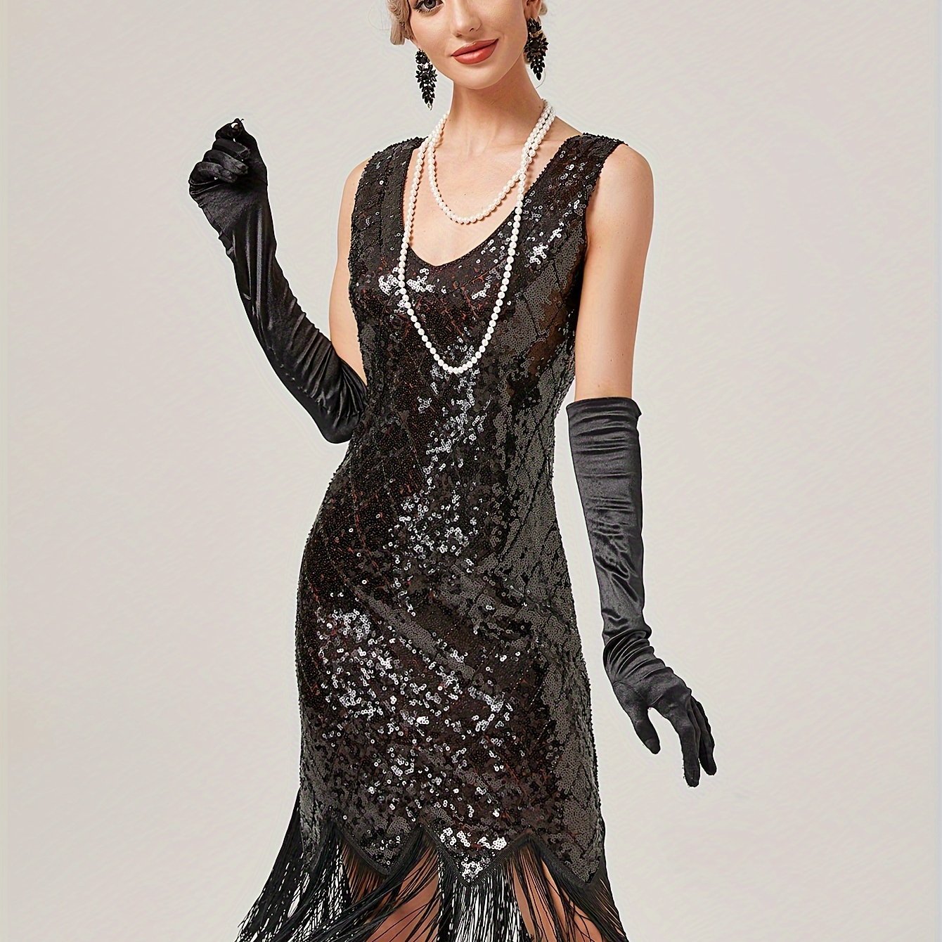 Sequined Tassel Hem Dress, Vintage Plunging Neck Sleeveless Backless Sheath Dress, Women's Clothing