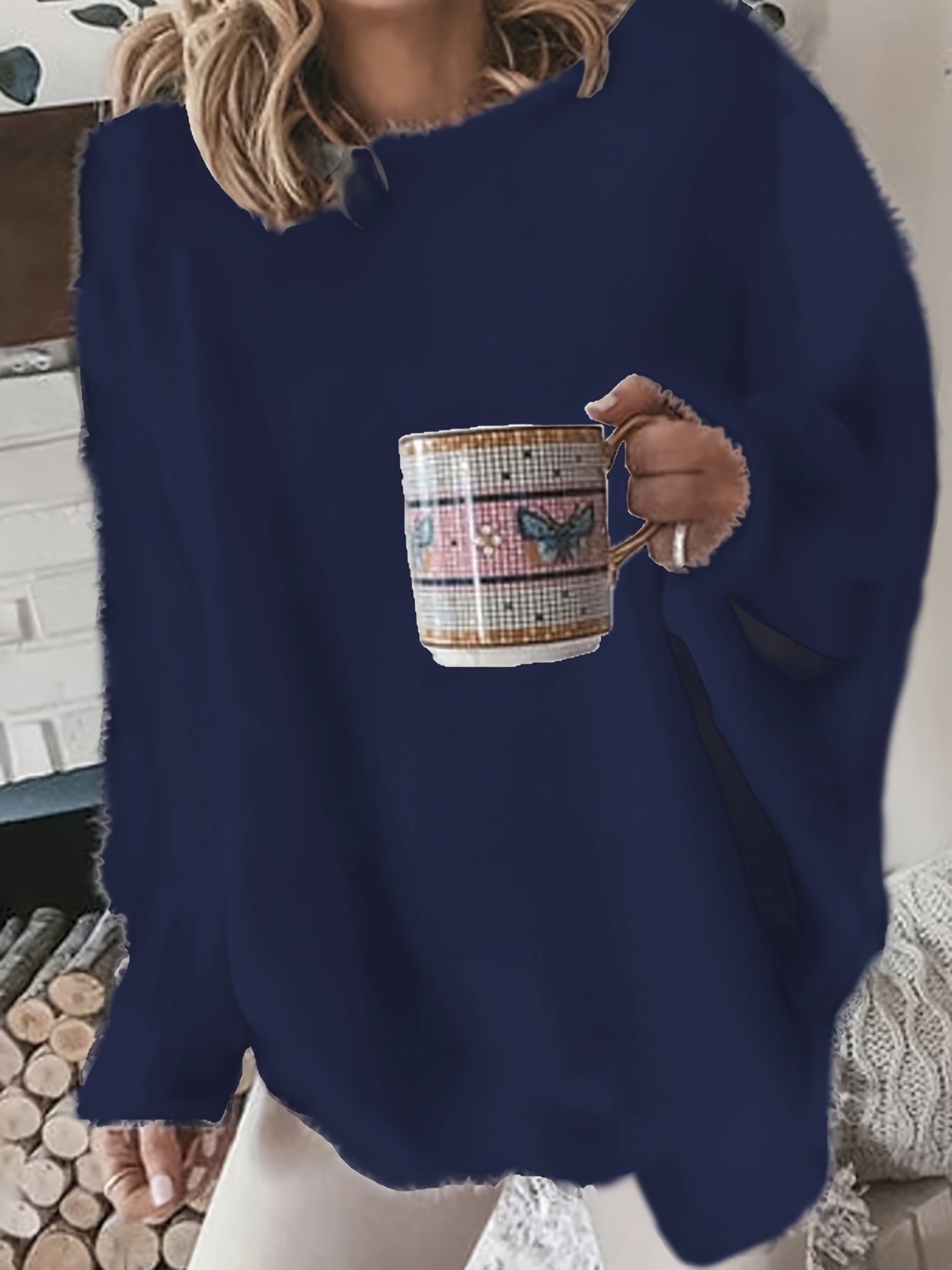 Plus Size Casual Sweater, Women's Plus Solid Fluffy Round Neck Long Sleeve Sweater