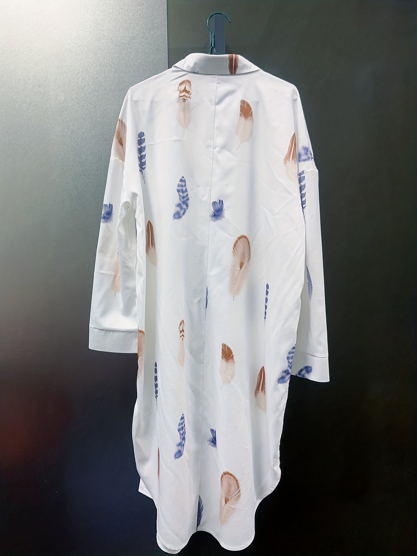 Feather Print Button Front Shirt Dress, Casual Long Sleeve Lapel Pocket Dress For Spring & Fall, Women's Clothing
