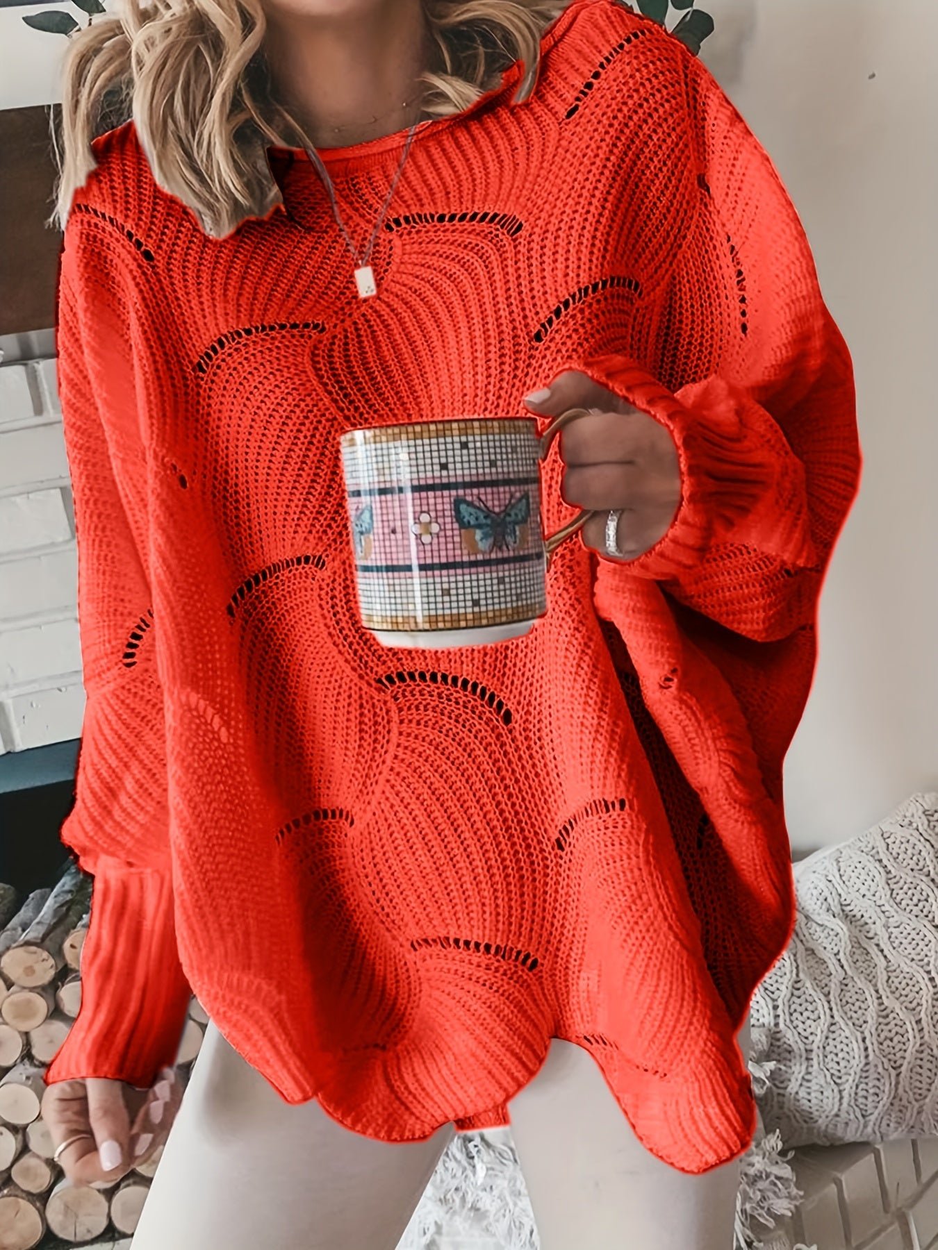 Solid Cutout Irregular Hem Knit Sweater, Casual Crew Neck Long Sleeve Pullover Sweater, Women's Clothing