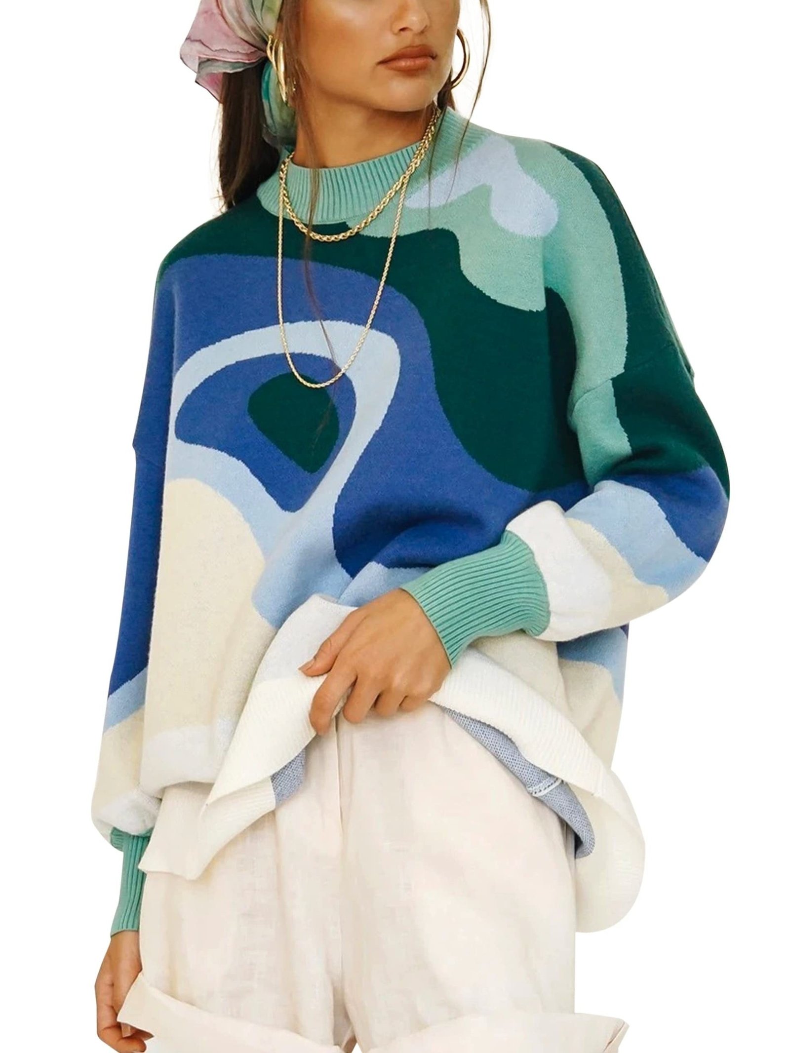 Plus Size Casual Sweater, Women's Plus Abstract Print Long Sleeve Mock Neck Medium Stretch Pullover Jumper