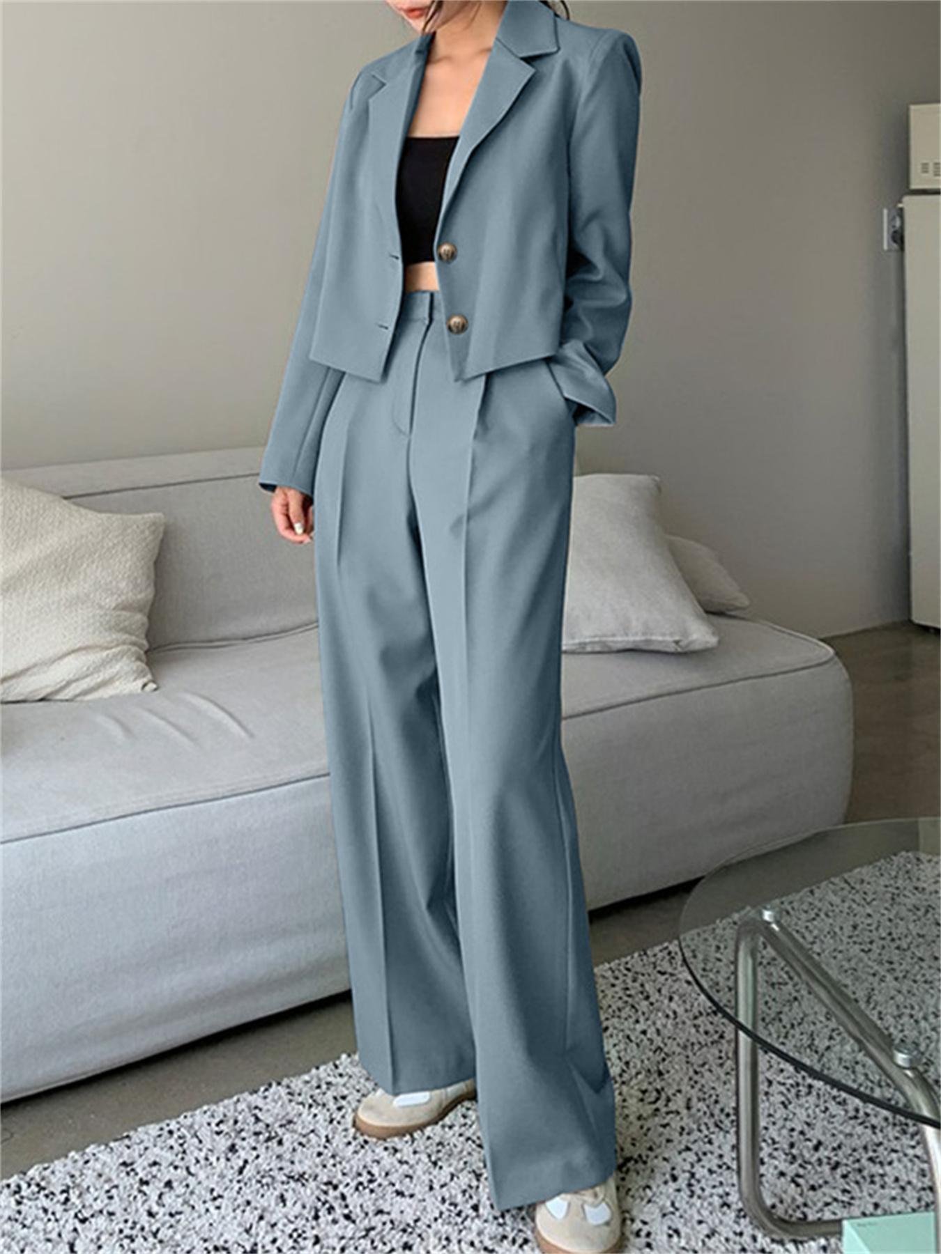 Plus Size Solid Two-piece Set, Long Sleeve Lapel Blazer & Pants Outfits, Women's Plus Size Clothing