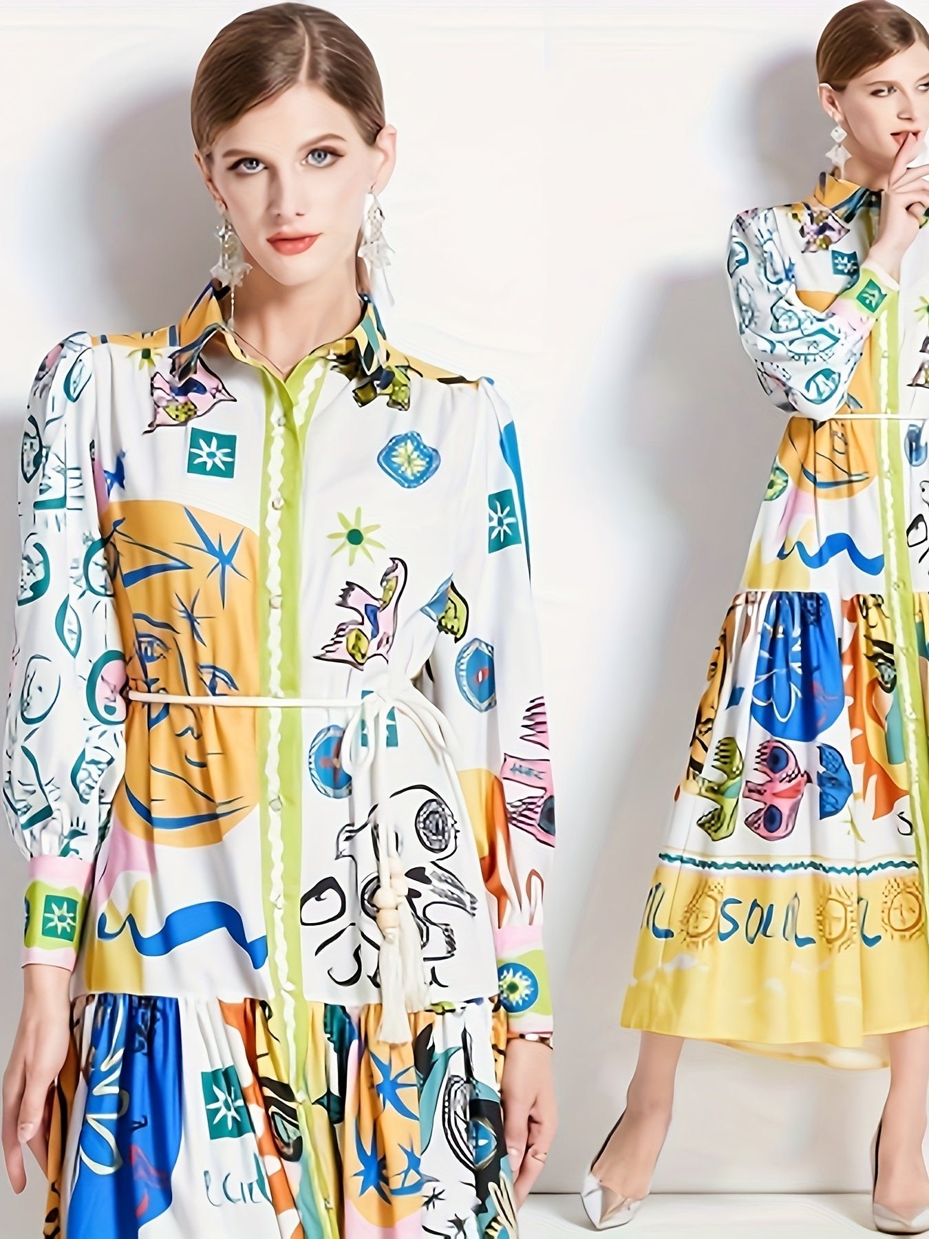 Graphic Print Button Front Dress, Casual Long Sleeve Tie Waist Dress For Spring & Fall, Women's Clothing