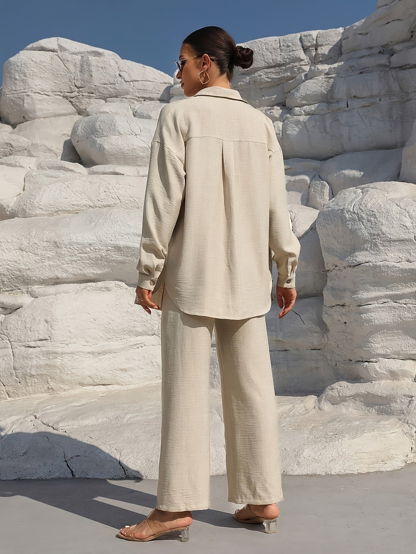 Solid Color Casual Pantsuits, Single-breasted Long Sleeve Collared Blouse & Tie Elastic Waist Pants Outfits, Women's Clothing