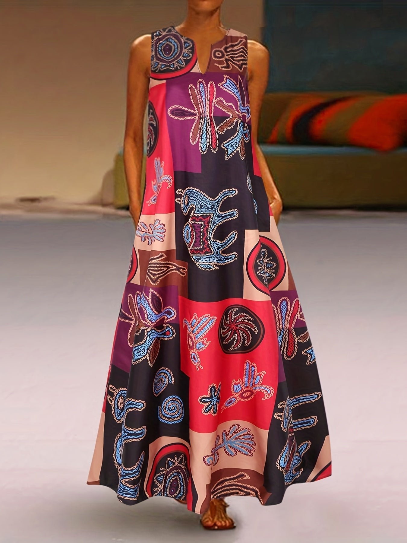 Ethnic Print V Neck Dress, Vintage Sleeveless Summer Maxi Dress With Pockets, Women's Clothing