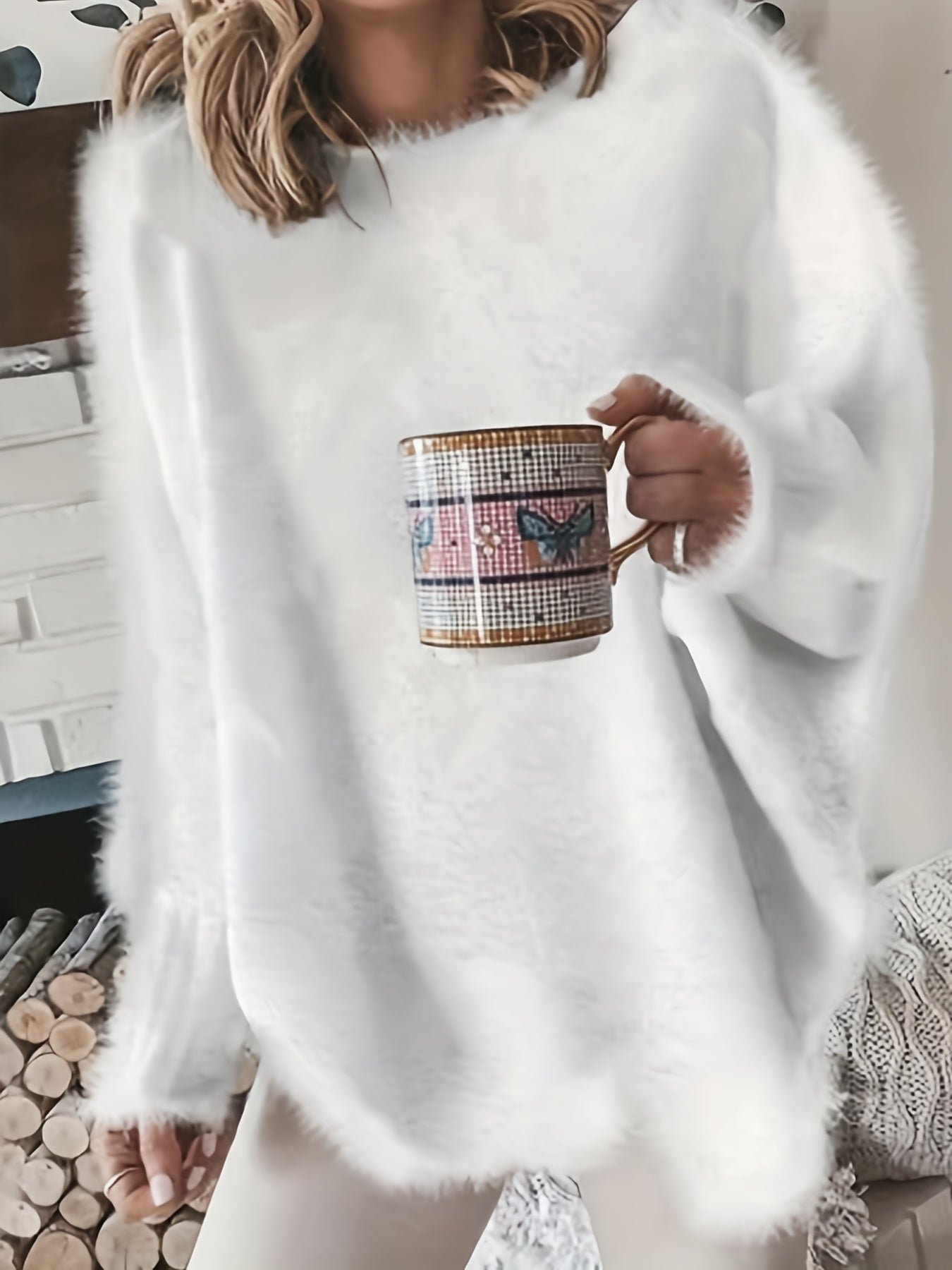 Plus Size Casual Sweater, Women's Plus Solid Fluffy Round Neck Long Sleeve Sweater
