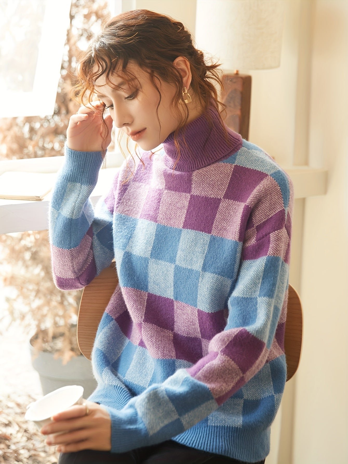 Geo Pattern Turtleneck Knitted Pullover Sweater, Casual Long Sleeve Top For Fall & Winter, Women's Clothing