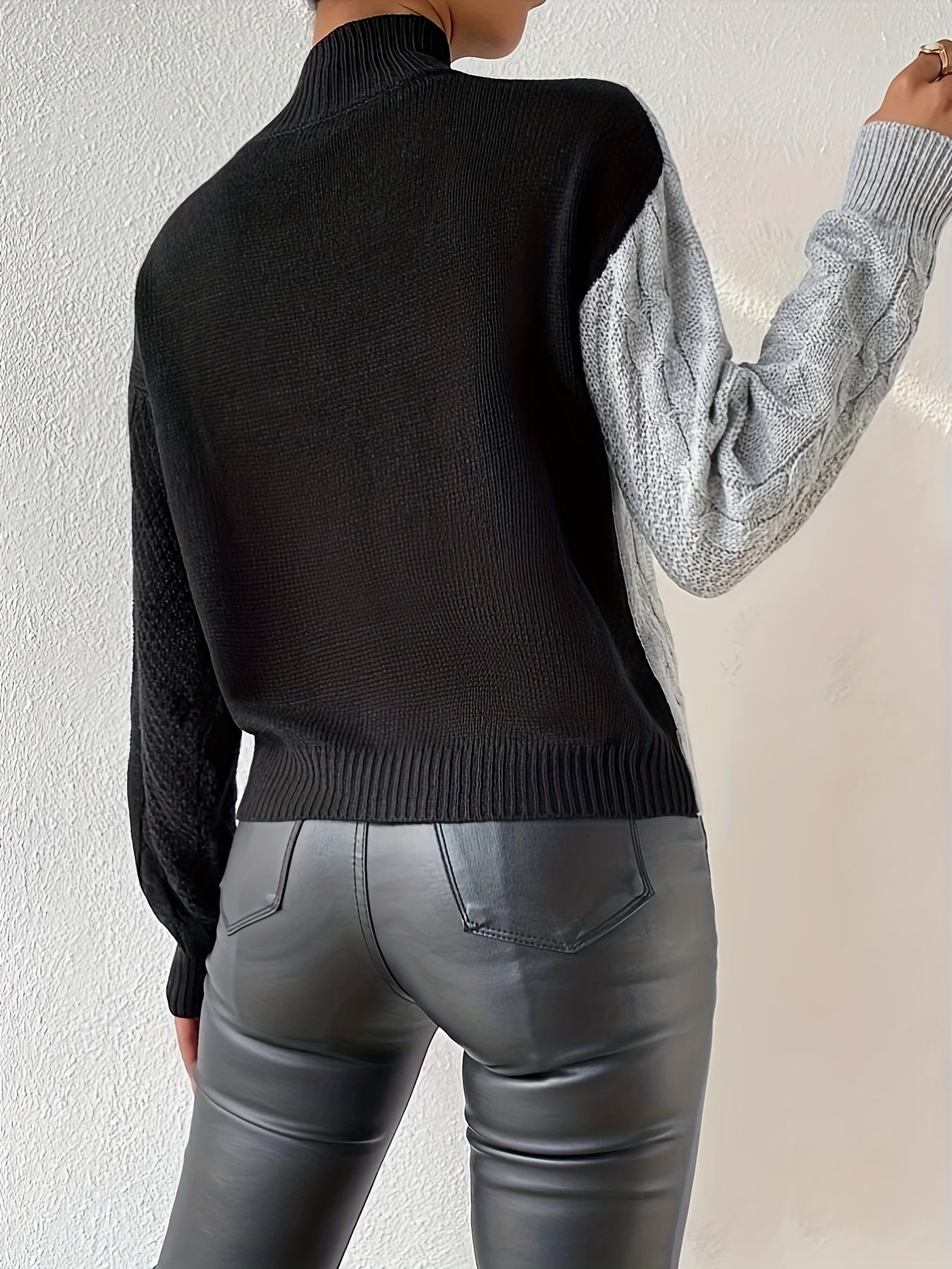 Color Block Mock Neck Pullover Sweater, Casual Long Sleeve Drop Shoulder Sweater, Women's Clothing