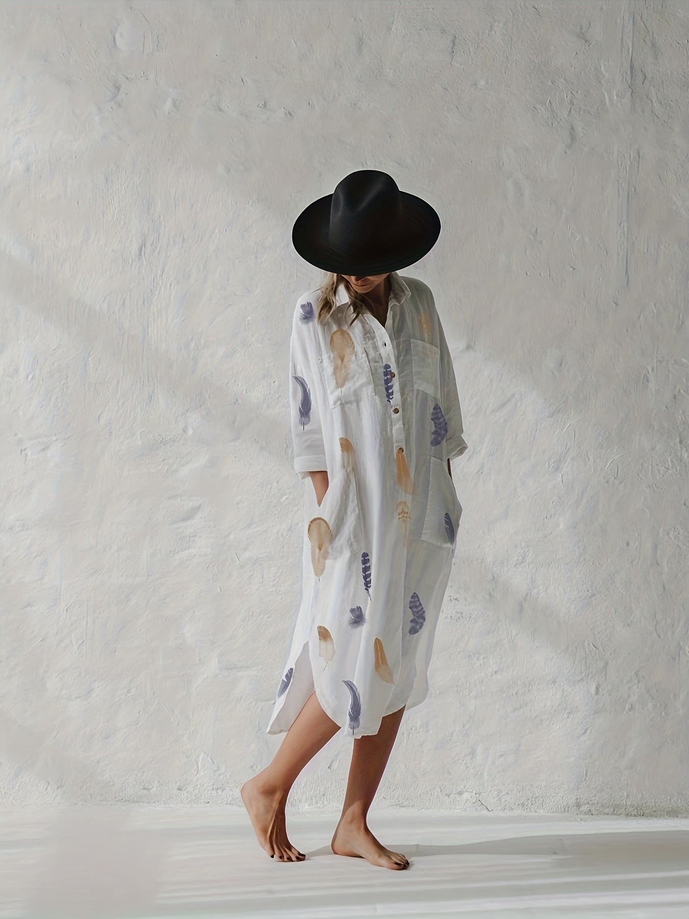 Feather Print Button Front Shirt Dress, Casual Long Sleeve Lapel Pocket Dress For Spring & Fall, Women's Clothing