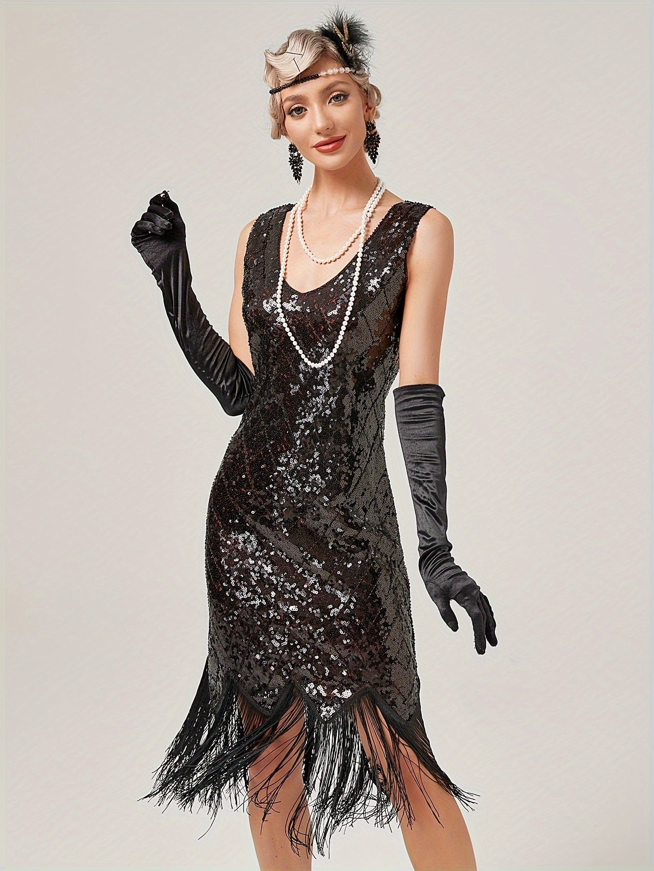 Sequined Tassel Hem Dress, Vintage Plunging Neck Sleeveless Backless Sheath Dress, Women's Clothing
