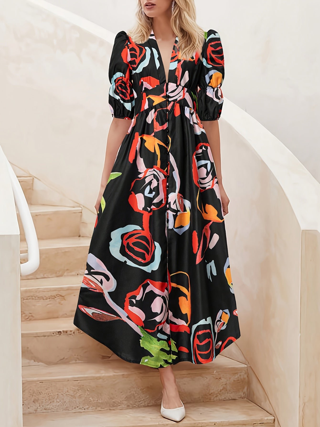 Allover Print V-neck Dress, Elegant Short Sleeve A-line Dress For Spring & Summer, Women's Clothing