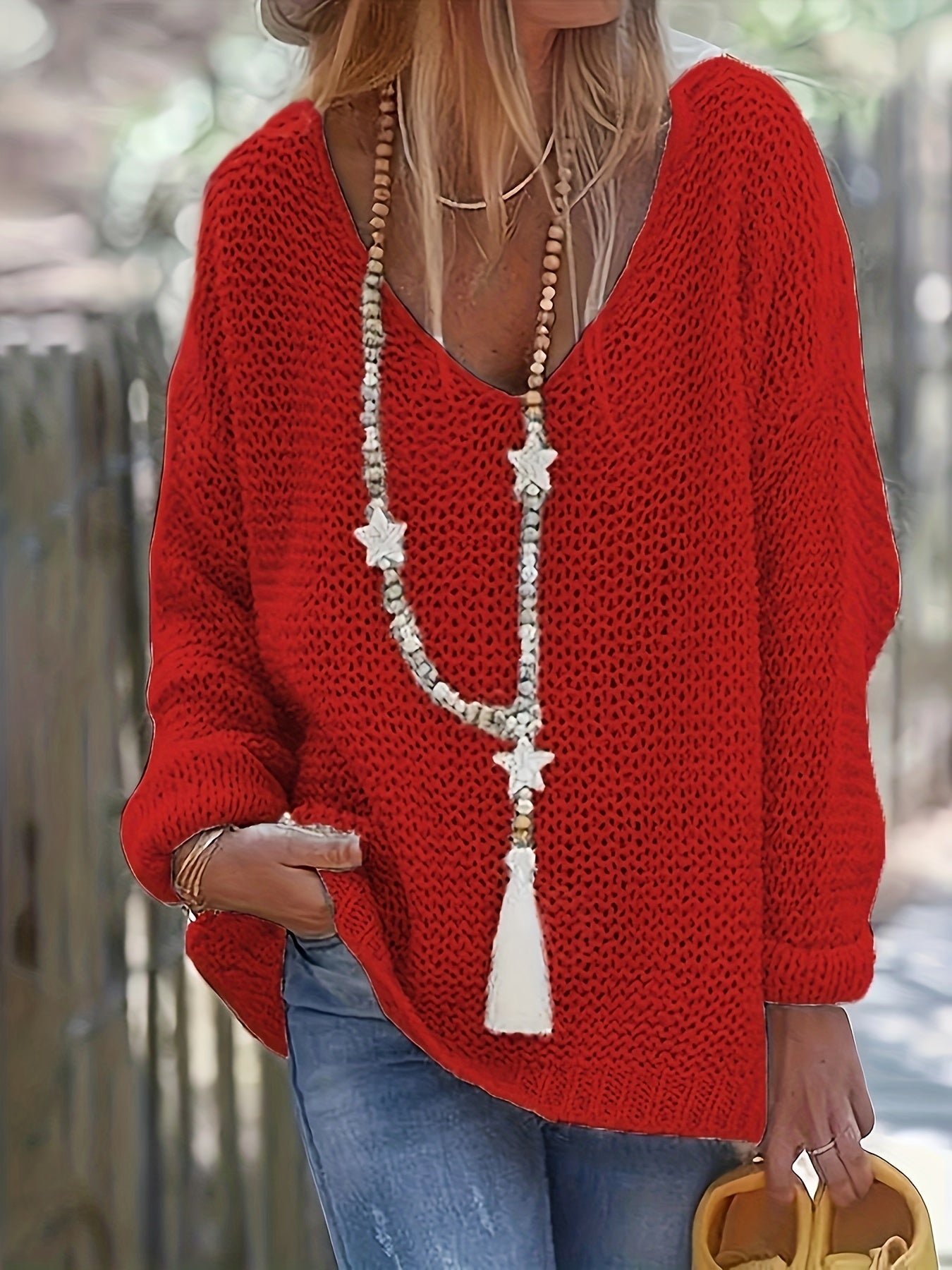 Solid V Neck Knitted Pullover Sweater, Casual Long Sleeve Sweater For Spring & Fall, Women's Clothing