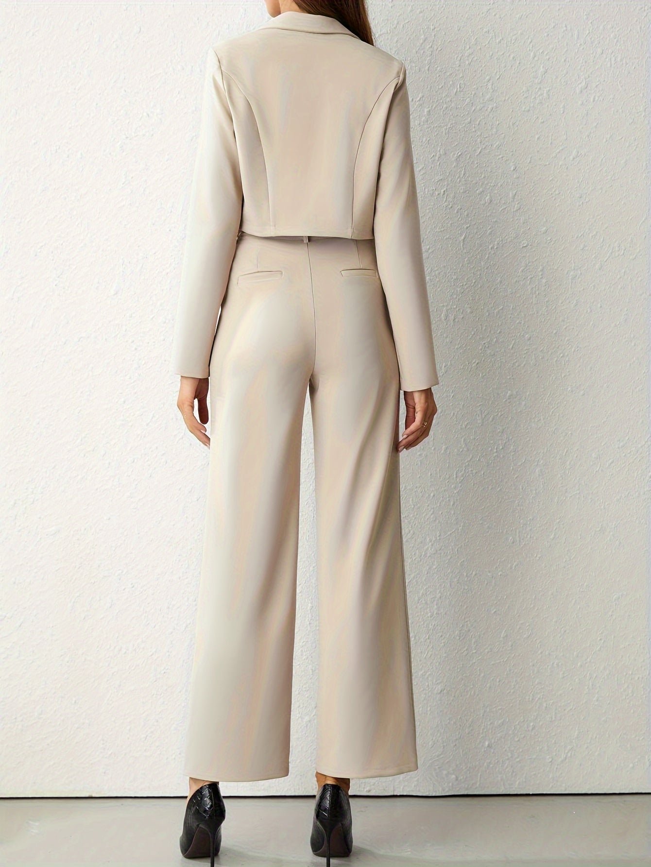 Business Casual Two-piece Set, Double-breasted Lapel Long Sleeve Blazer & Belted Wide Leg Pants Outfits, Women's Clothing