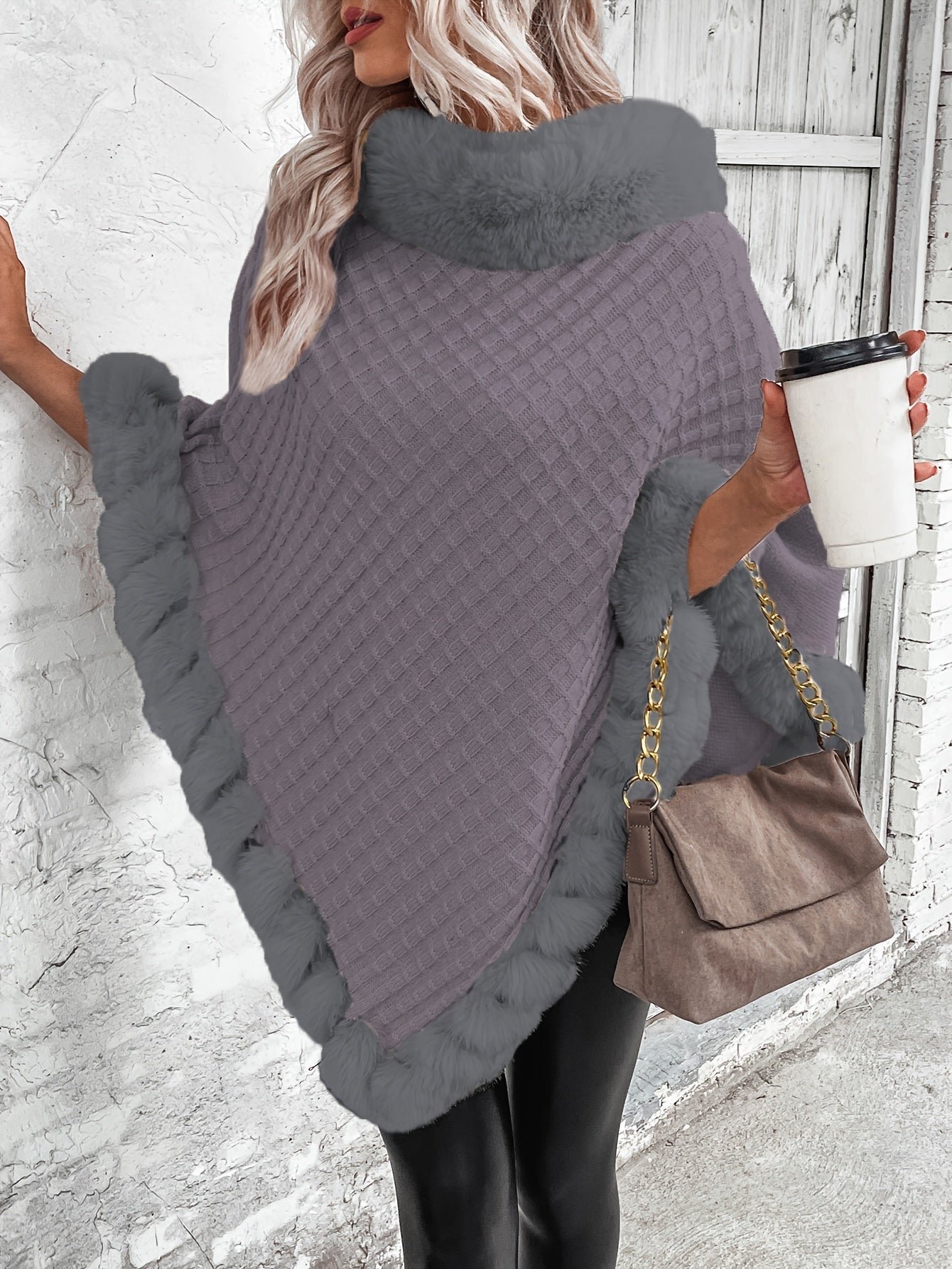 Fur-Trim Hanky Hem Pullover Sweater, Elegant Long Sleeve Turtle Neck Sweater For Winter, Women's Clothing