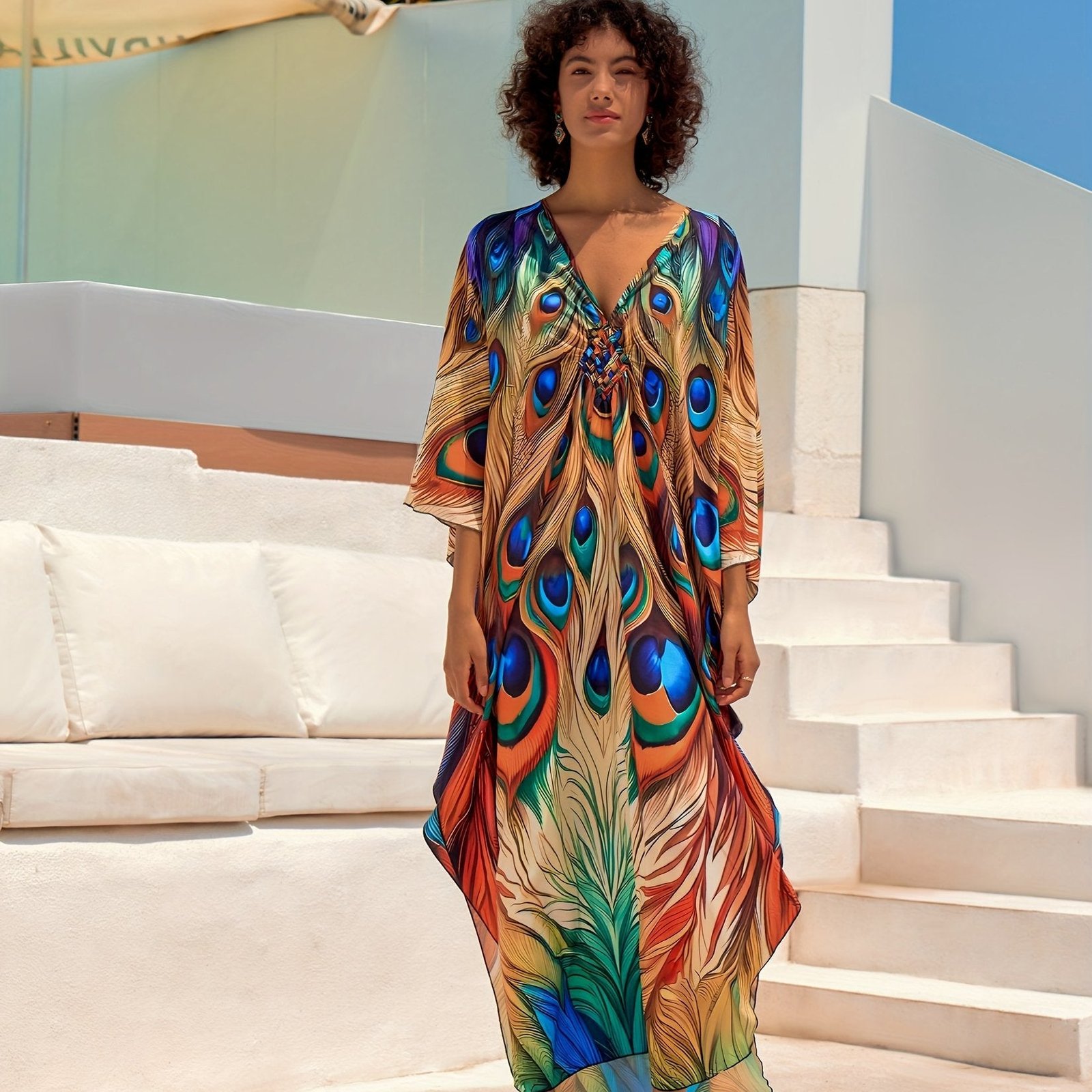 Plus Size Colorful Butterfly Print Slit Dress, Casual Batwing Sleeve Dress For Spring & Summer, Women's Plus Size Clothing