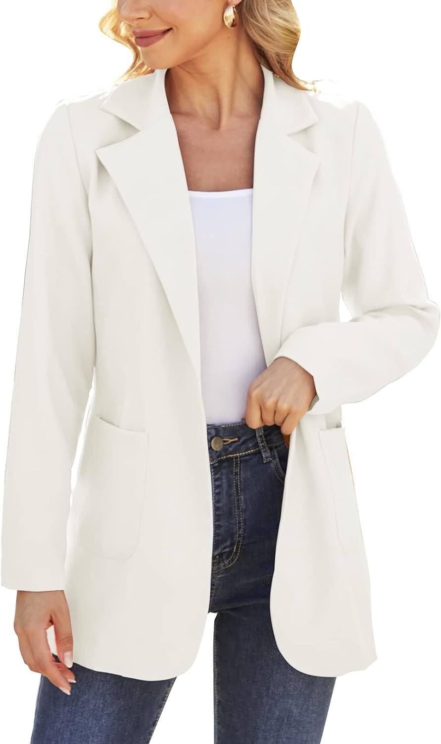 Women Open Front Blazers Long Sleeve Casual OL Office Slim Buttonless Suit Jacket with Pockets