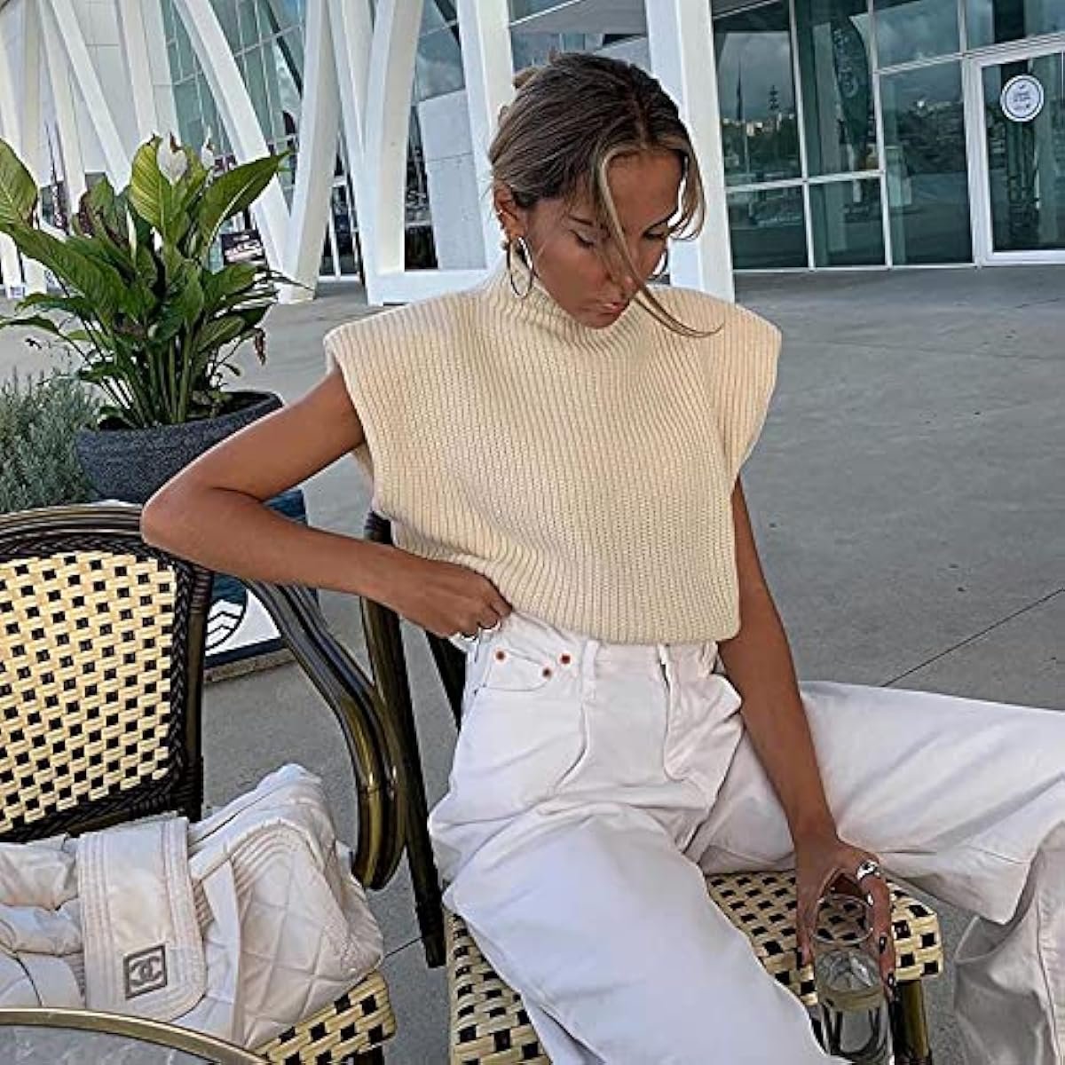 51LvD5LSkmL._AC_US1200 Women's Sleeveless Turtleneck Sweater Vest Shoulder Pad Knitted Tank Top Casual Solid Pullover Tops Knitwear