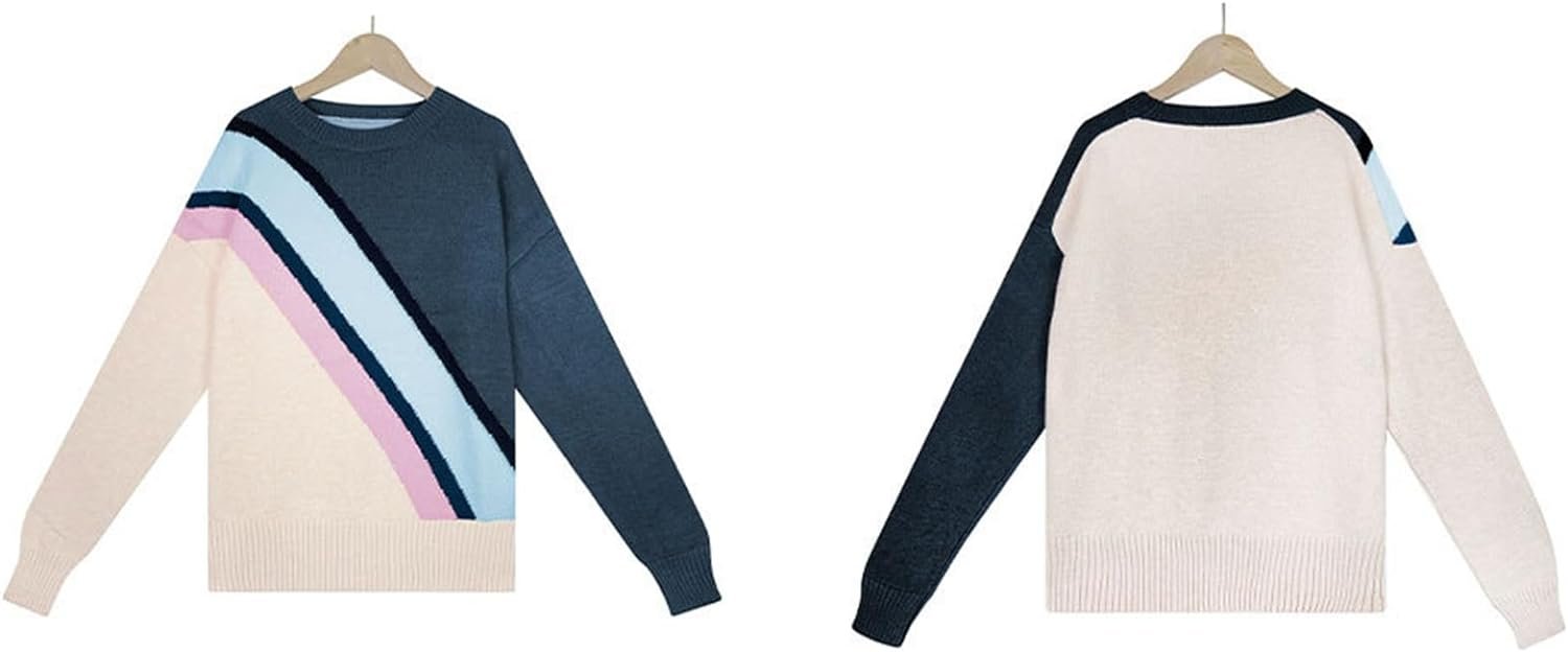 51nYhpqlfsL._AC_SL1500 Women Crewneck Knitwear Fashion Colorblock Casual Sweater Loose Fit Pullover Knitwear Warm Soft Fabric Long Sleeve Sweater (Blue)