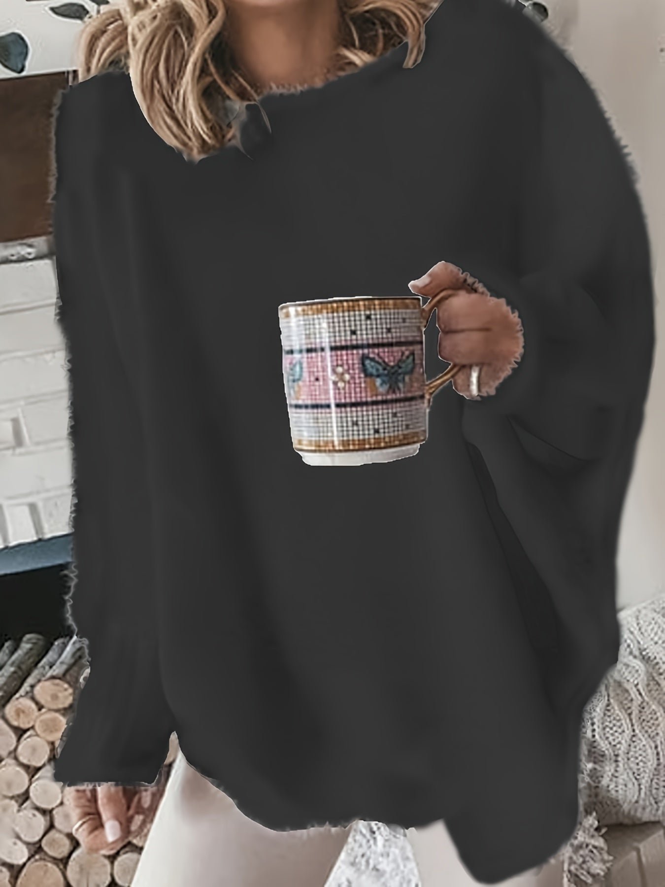 Plus Size Casual Sweater, Women's Plus Solid Fluffy Round Neck Long Sleeve Sweater