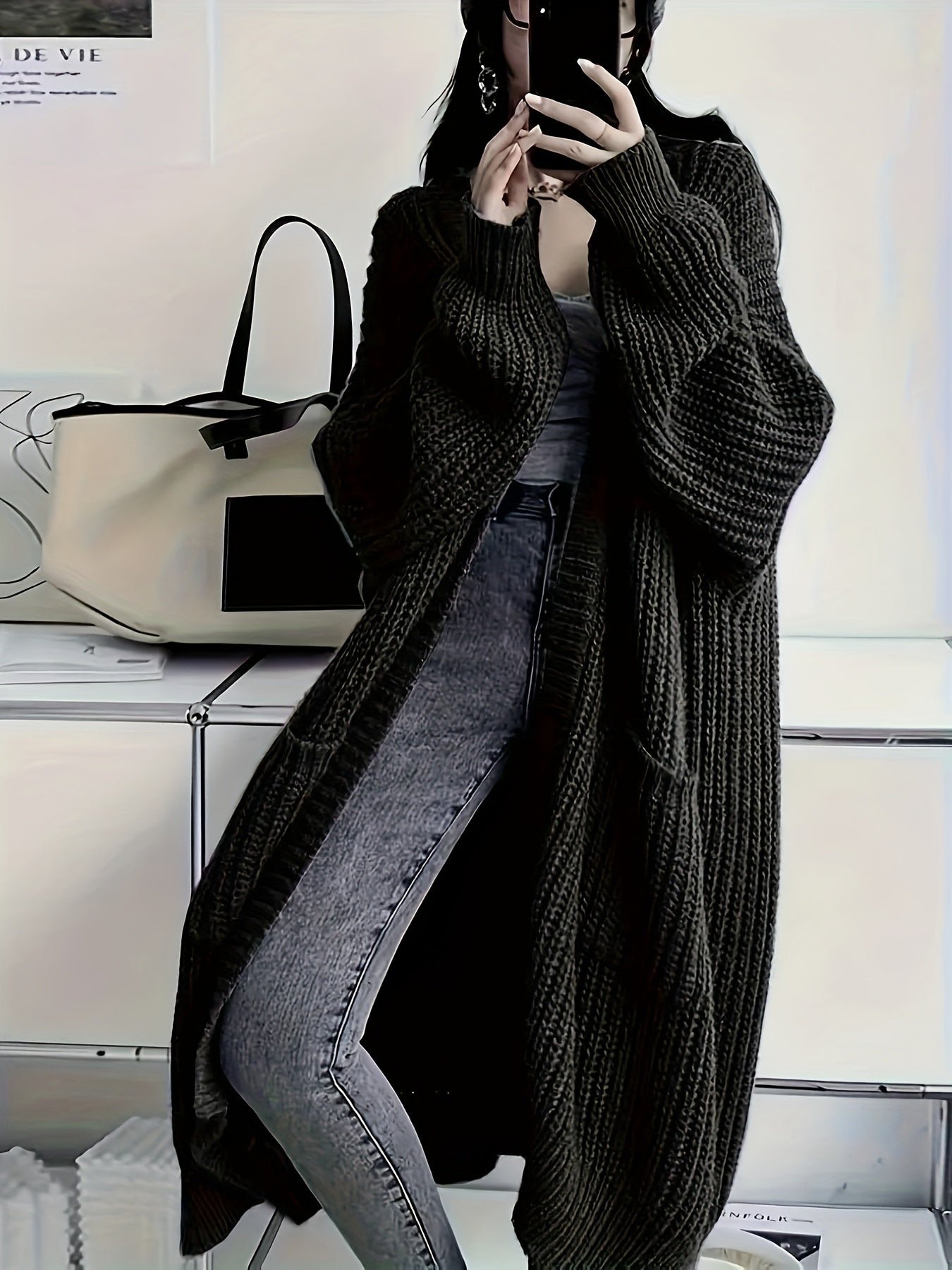 Solid Color Open Front Knitted Cardigan, Casual Long Sleeve Long Length Cardigan For Spring & Fall, Women's Clothing