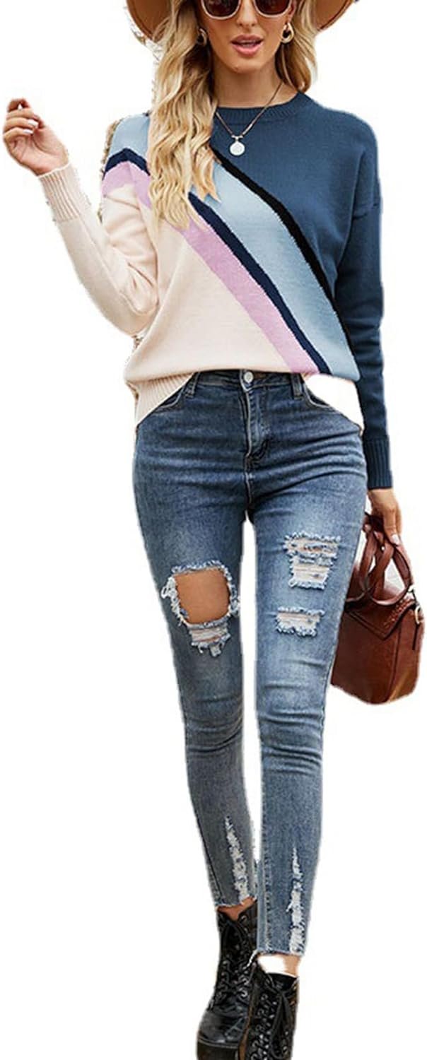 610NwnBoXAL._AC_SL1500 Women Crewneck Knitwear Fashion Colorblock Casual Sweater Loose Fit Pullover Knitwear Warm Soft Fabric Long Sleeve Sweater (Blue)