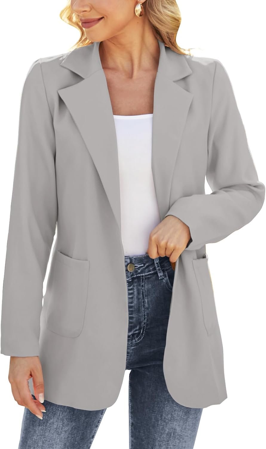 Women Open Front Blazers Long Sleeve Casual OL Office Slim Buttonless Suit Jacket with Pockets