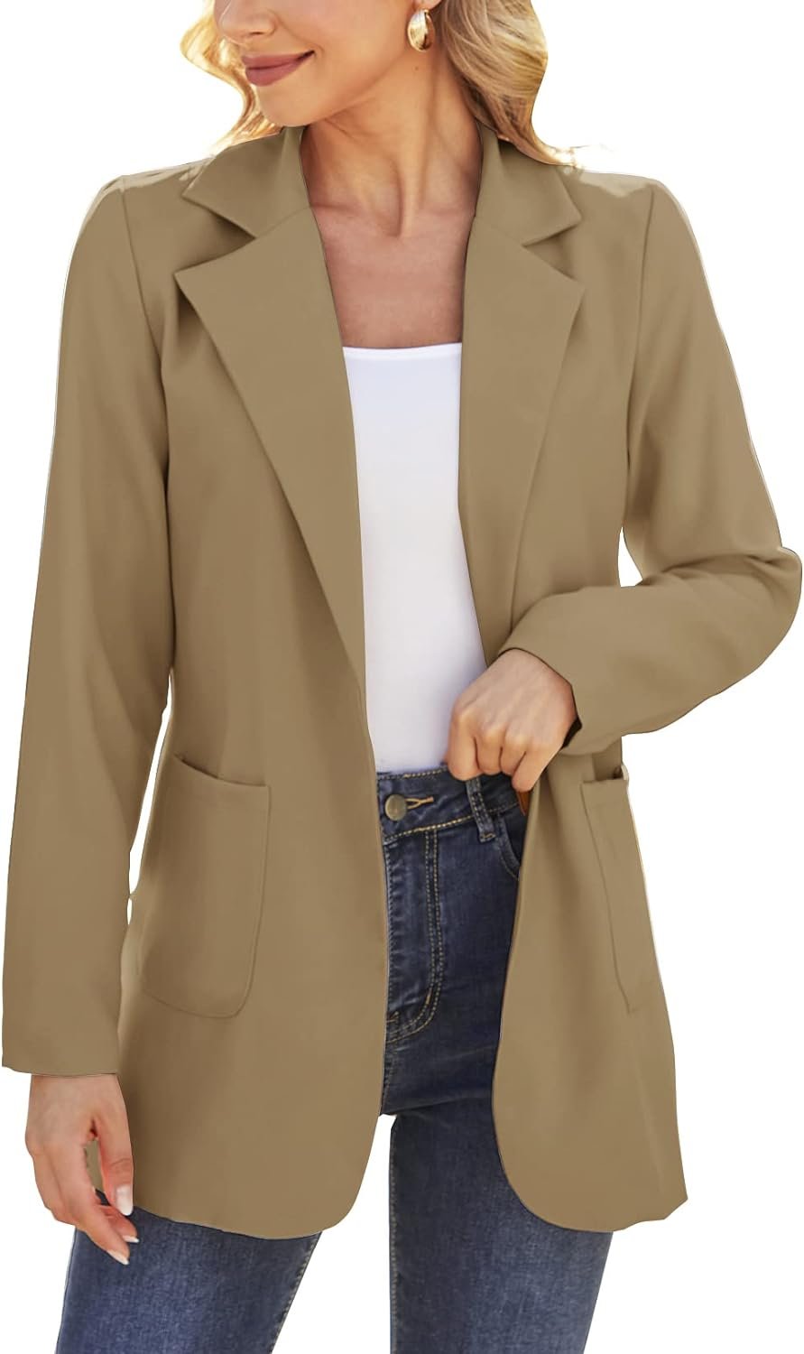 Women Open Front Blazers Long Sleeve Casual OL Office Slim Buttonless Suit Jacket with Pockets