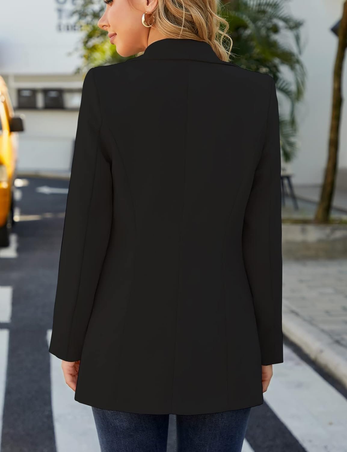 Women Open Front Blazers Long Sleeve Casual OL Office Slim Buttonless Suit Jacket with Pockets