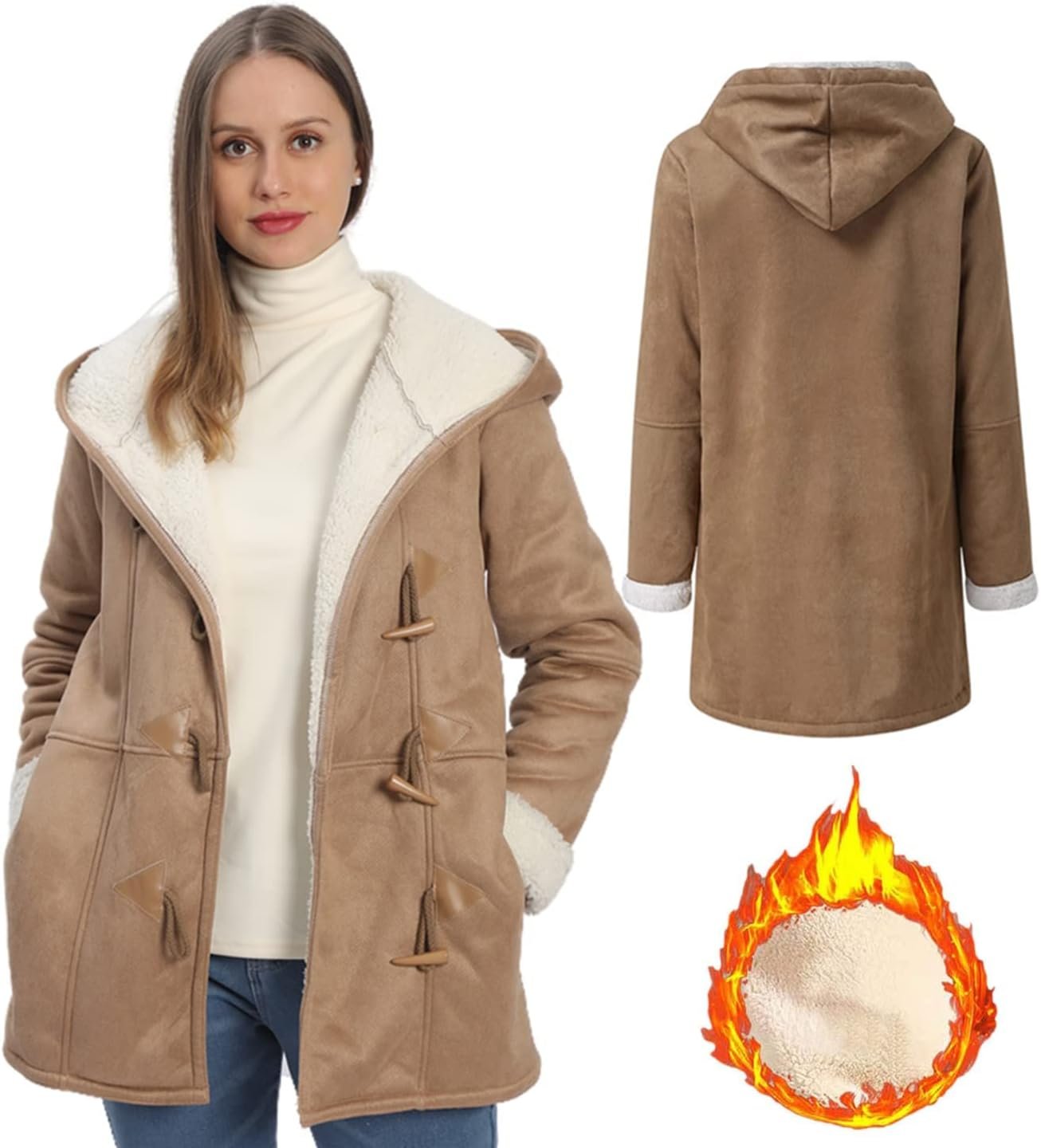 Windproof Sherpa Lined Outerwear for Women Winter, Fashion Fleece Hooded Overcoat with Pockets, Warm and Thicken Parka Jacket