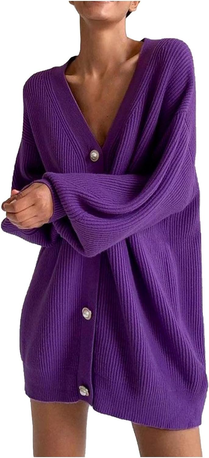61OFE7Yl3tL._AC_SL1500 Womens Oversized Sweater Cardigan Fashion Solid Color Knitwear Long Sleeves Pearl Buttons Knit Coat Blouse Tops