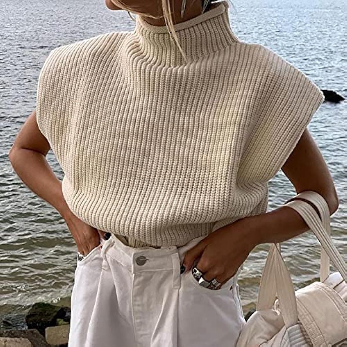 61QqyaXhtsL._AC_US1200 Women's Sleeveless Turtleneck Sweater Vest Shoulder Pad Knitted Tank Top Casual Solid Pullover Tops Knitwear