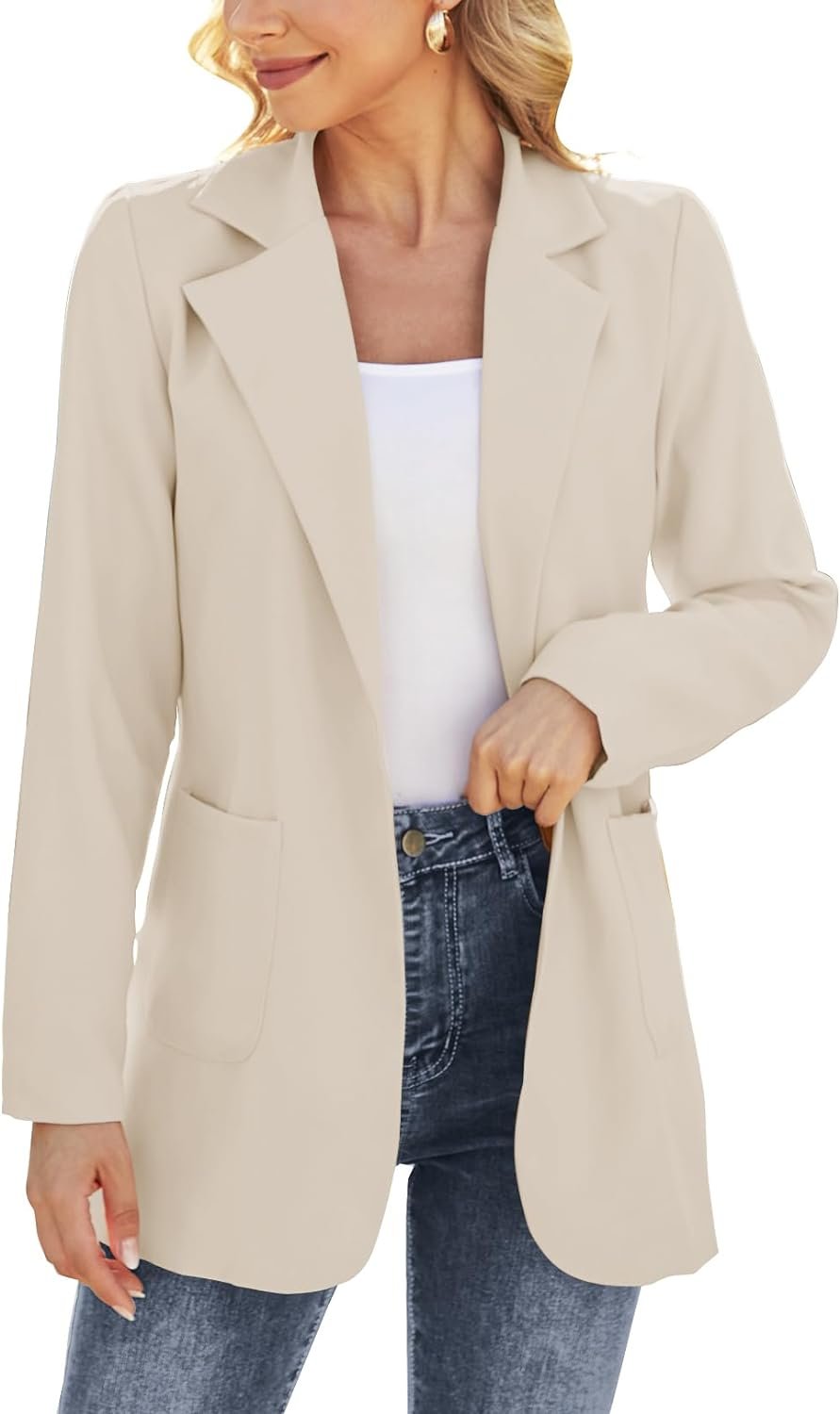 Women Open Front Blazers Long Sleeve Casual OL Office Slim Buttonless Suit Jacket with Pockets