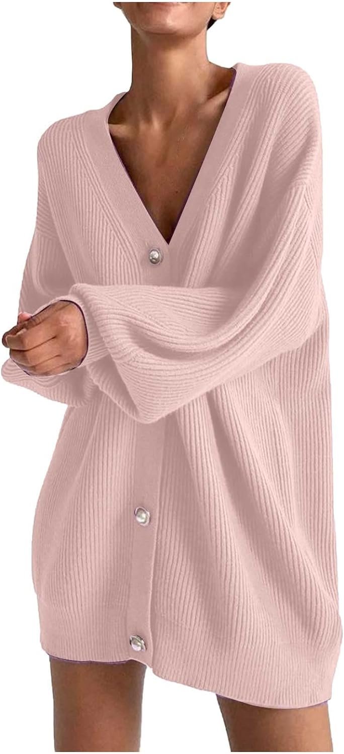 61pLgoV5GBL._AC_SL1500 Womens Oversized Sweater Cardigan Fashion Solid Color Knitwear Long Sleeves Pearl Buttons Knit Coat Blouse Tops