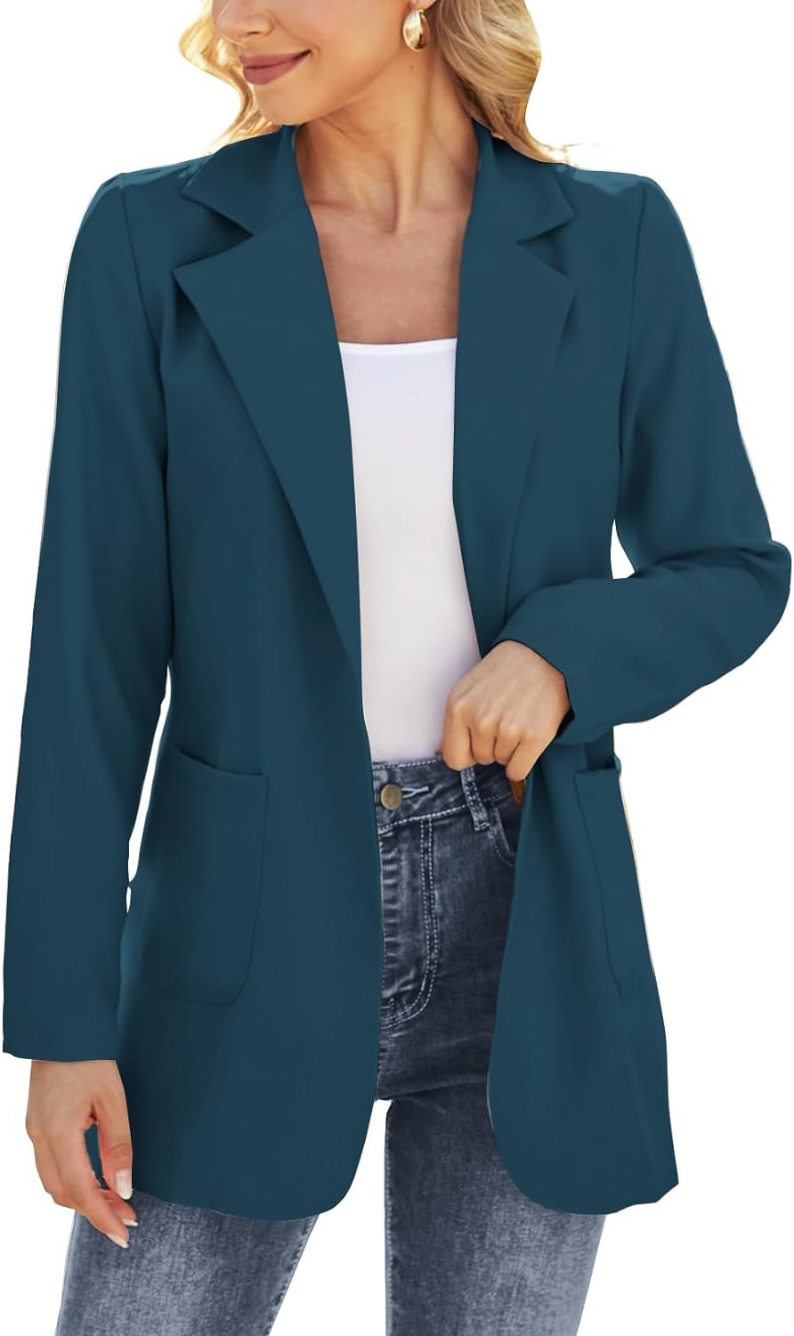 Women Open Front Blazers Long Sleeve Casual OL Office Slim Buttonless Suit Jacket with Pockets