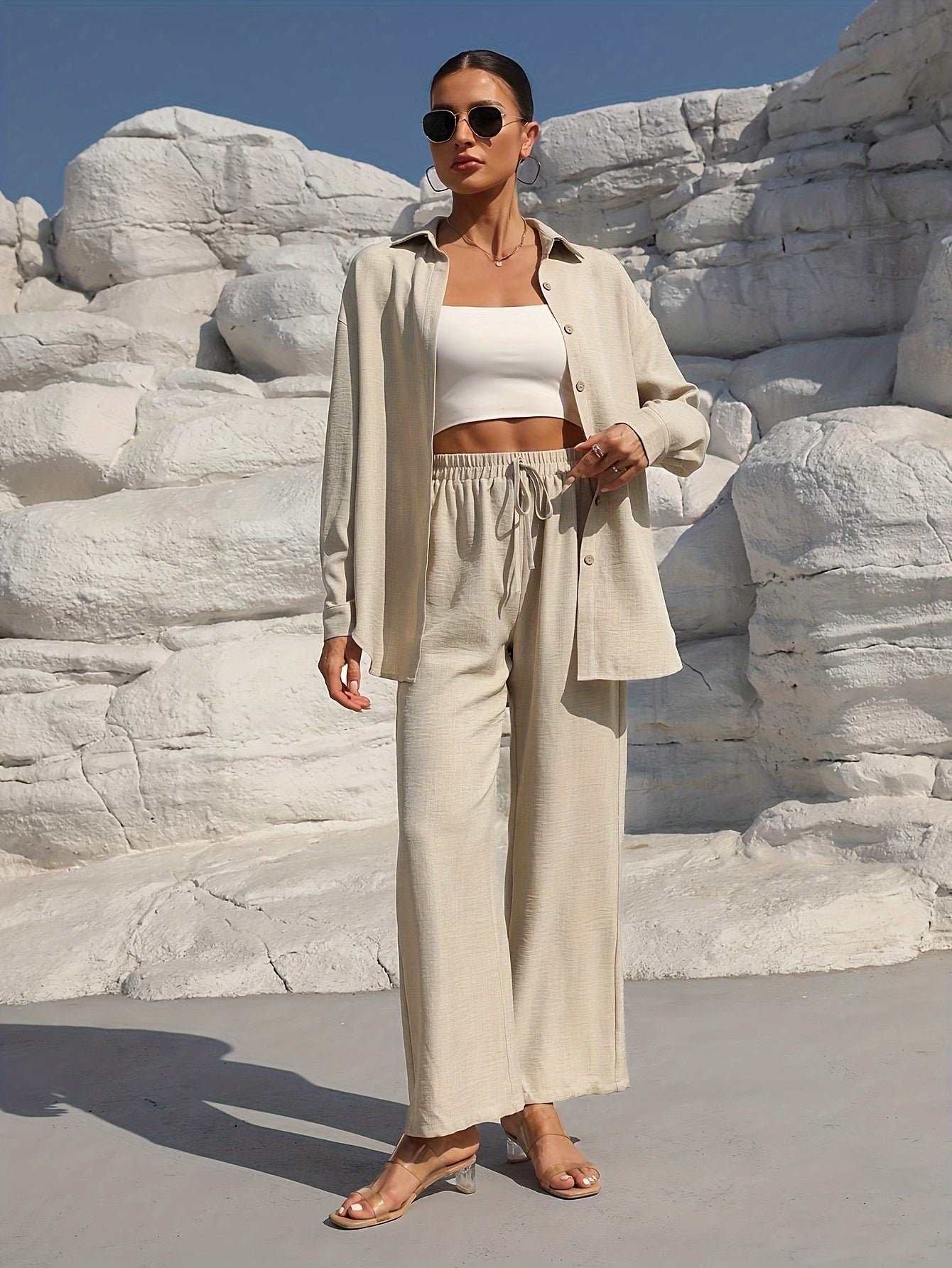 Solid Color Pantsuits Set, Button Front Long Sleeve Shirt & Wide Leg Drawstring Waist Pants Outfits, Women's Clothing