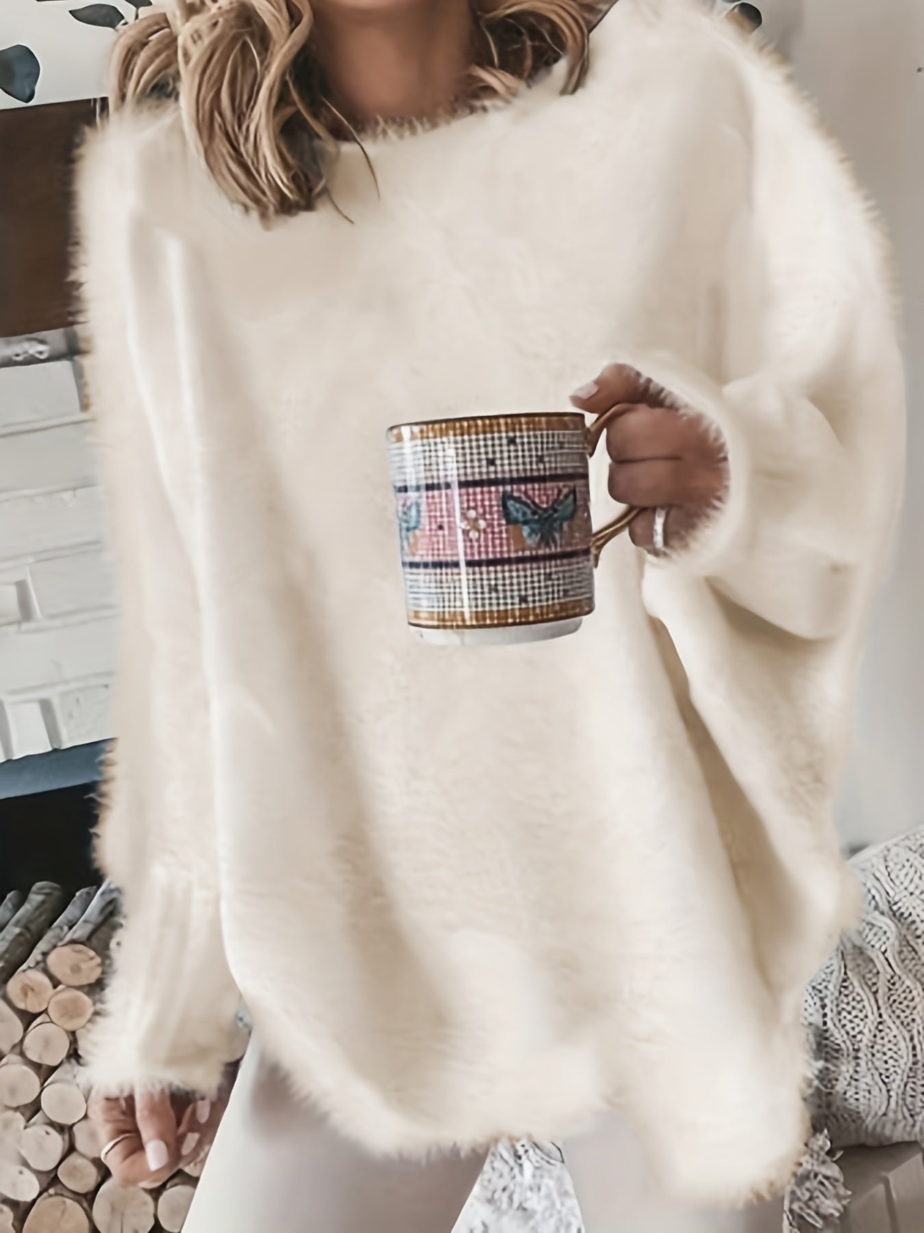 Plus Size Casual Sweater, Women's Plus Solid Fluffy Round Neck Long Sleeve Sweater