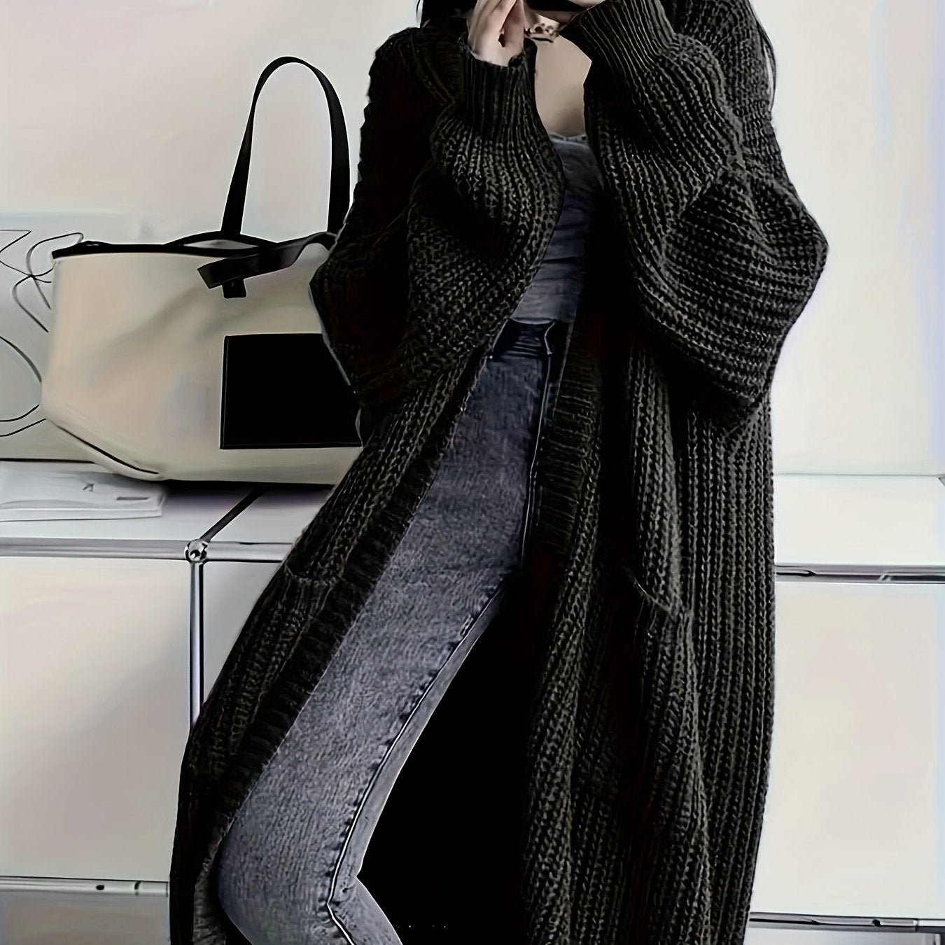 Solid Color Open Front Knitted Cardigan, Casual Long Sleeve Long Length Cardigan For Spring & Fall, Women's Clothing