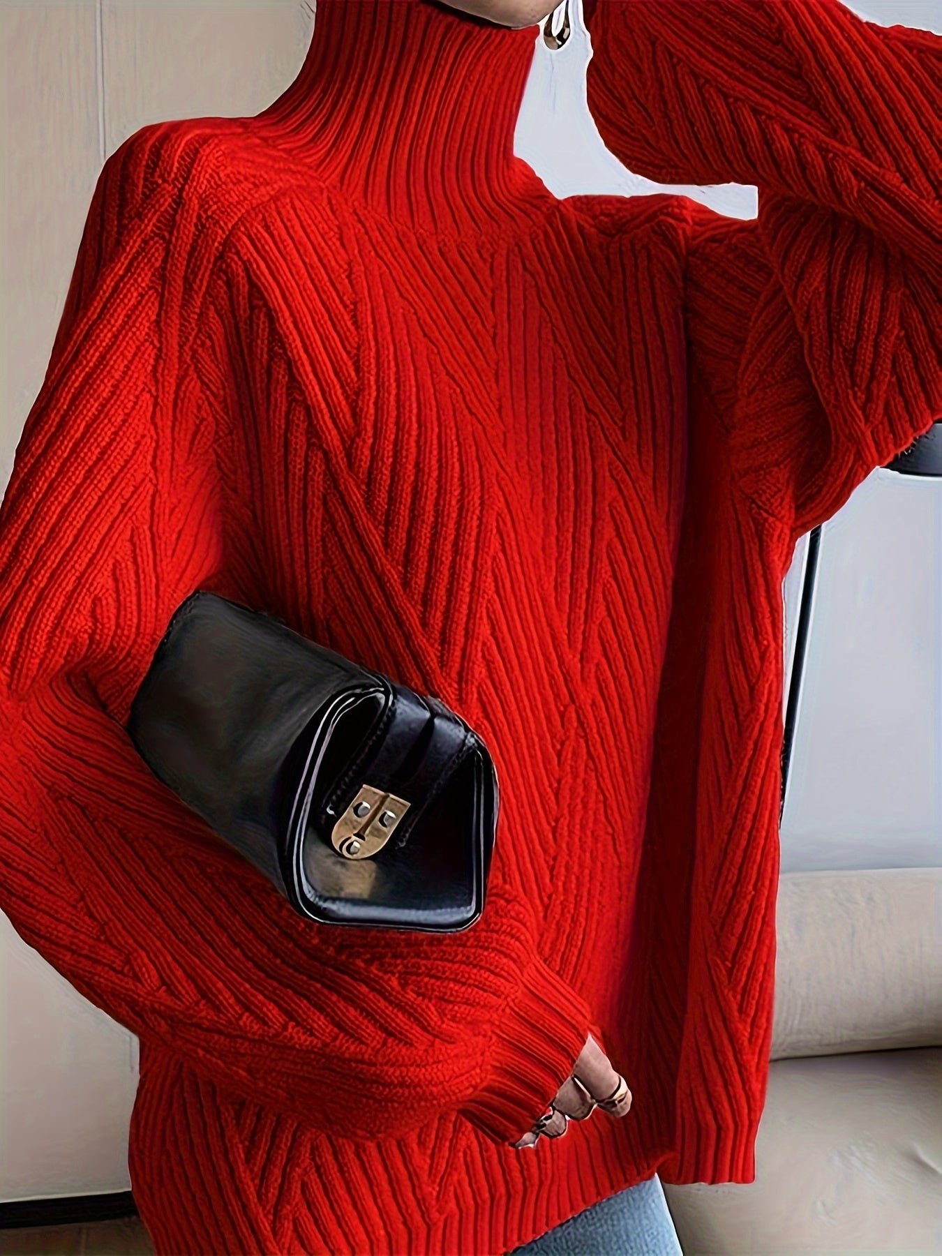 Solid High Neck Knit Sweater, Casual Long Sleeve Pullover Sweater For Fall & Winter, Women's Clothing