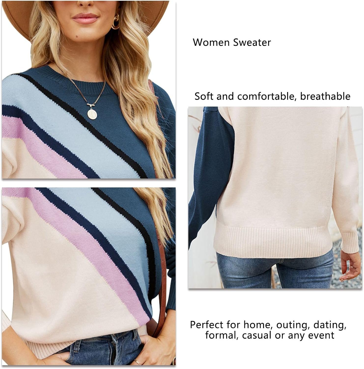 71Cr_DId3XL._AC_SL1500 Women Crewneck Knitwear Fashion Colorblock Casual Sweater Loose Fit Pullover Knitwear Warm Soft Fabric Long Sleeve Sweater (Blue)