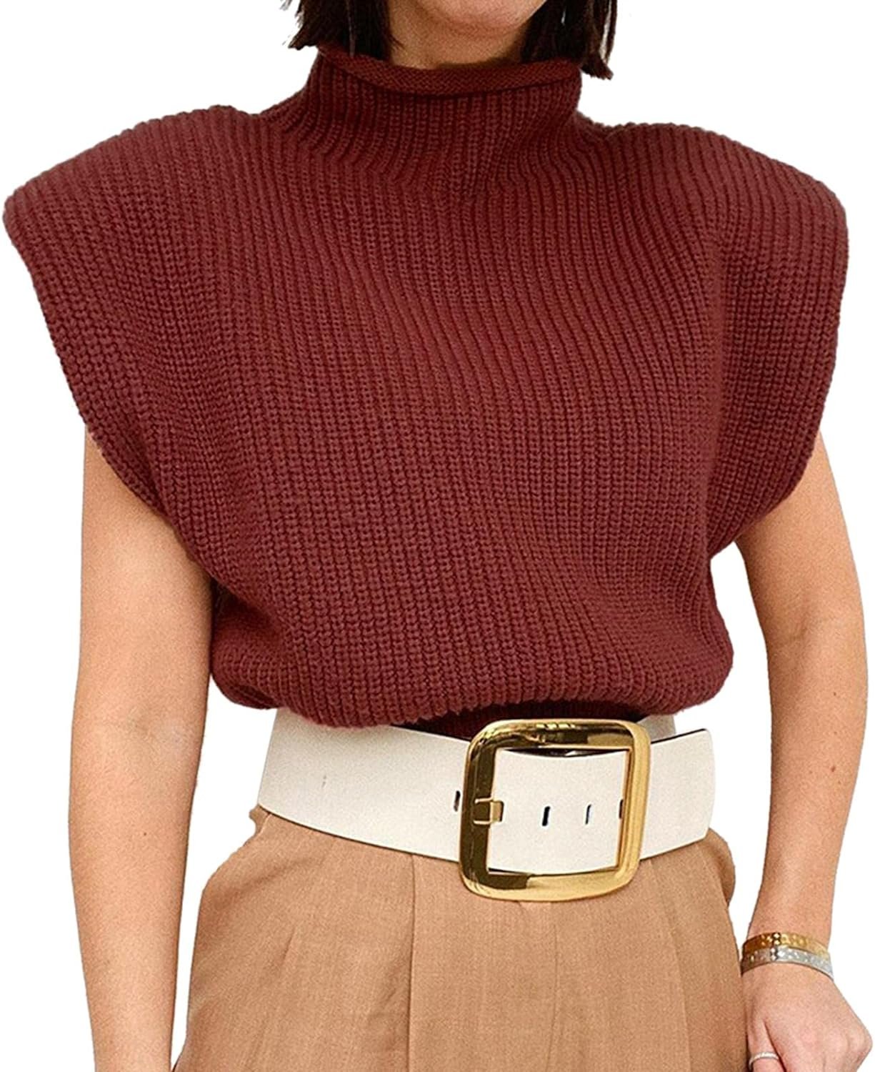 71G3xYpt02L._AC_SL1500 Women's Sleeveless Turtleneck Sweater Vest Shoulder Pad Knitted Tank Top Casual Solid Pullover Tops Knitwear