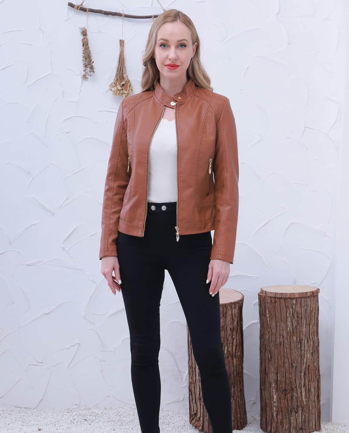 Women's Trendy Faux Leather Jacket Moto Short Jacket Fashion PU Jacket Coat