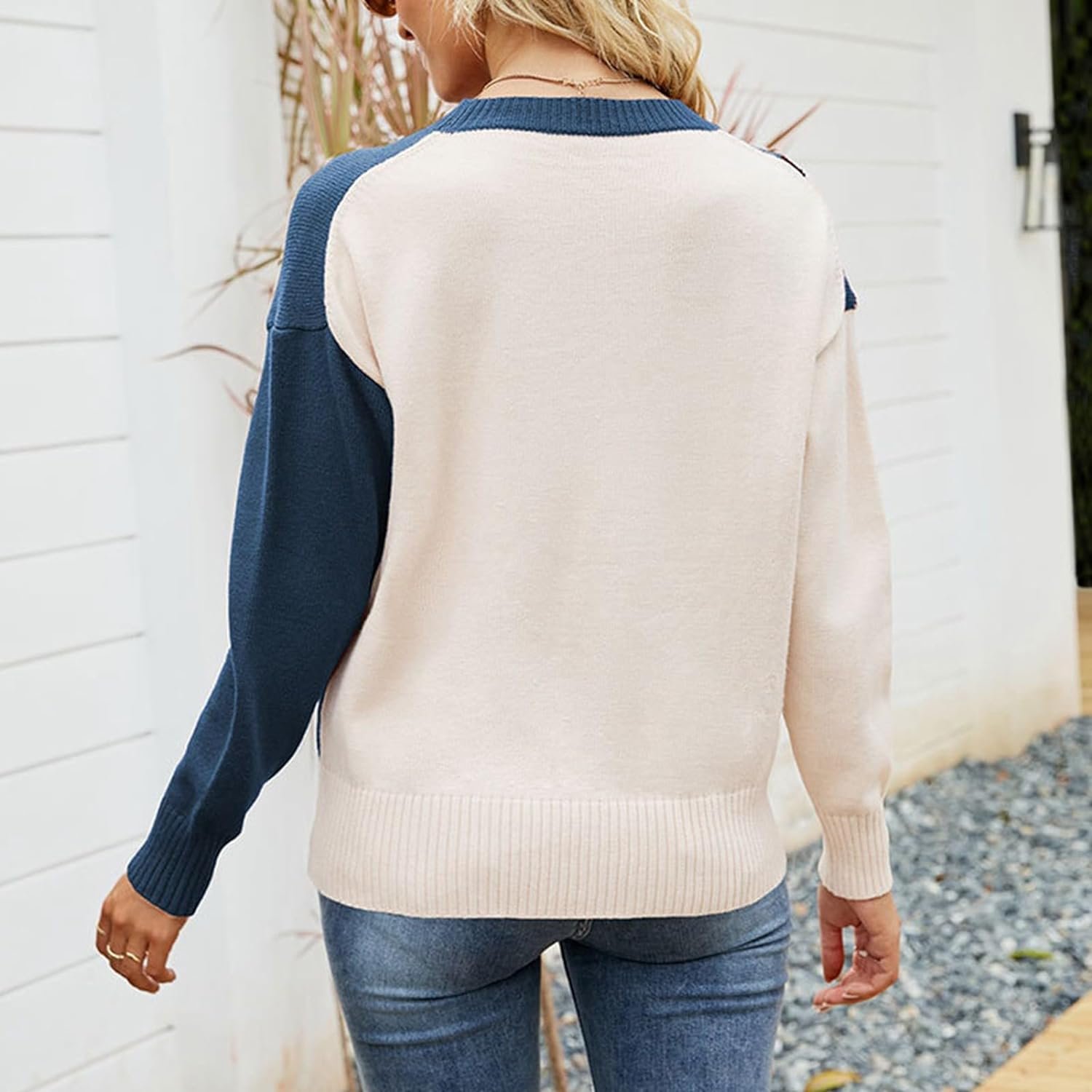 71UZjJ_L57L._AC_SL1500 Women Crewneck Knitwear Fashion Colorblock Casual Sweater Loose Fit Pullover Knitwear Warm Soft Fabric Long Sleeve Sweater (Blue)
