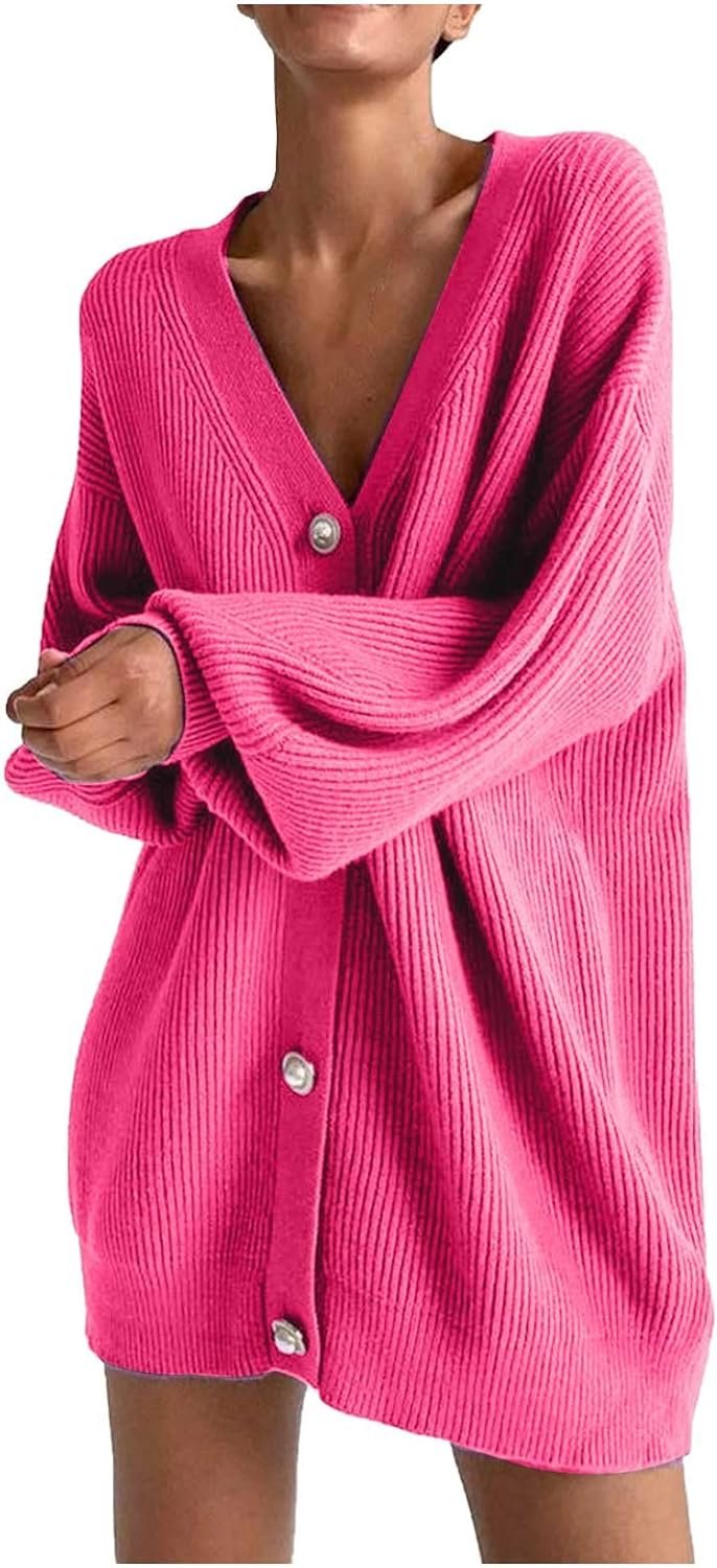 71nS9Xo7FyL._AC_SL1500 Womens Oversized Sweater Cardigan Fashion Solid Color Knitwear Long Sleeves Pearl Buttons Knit Coat Blouse Tops