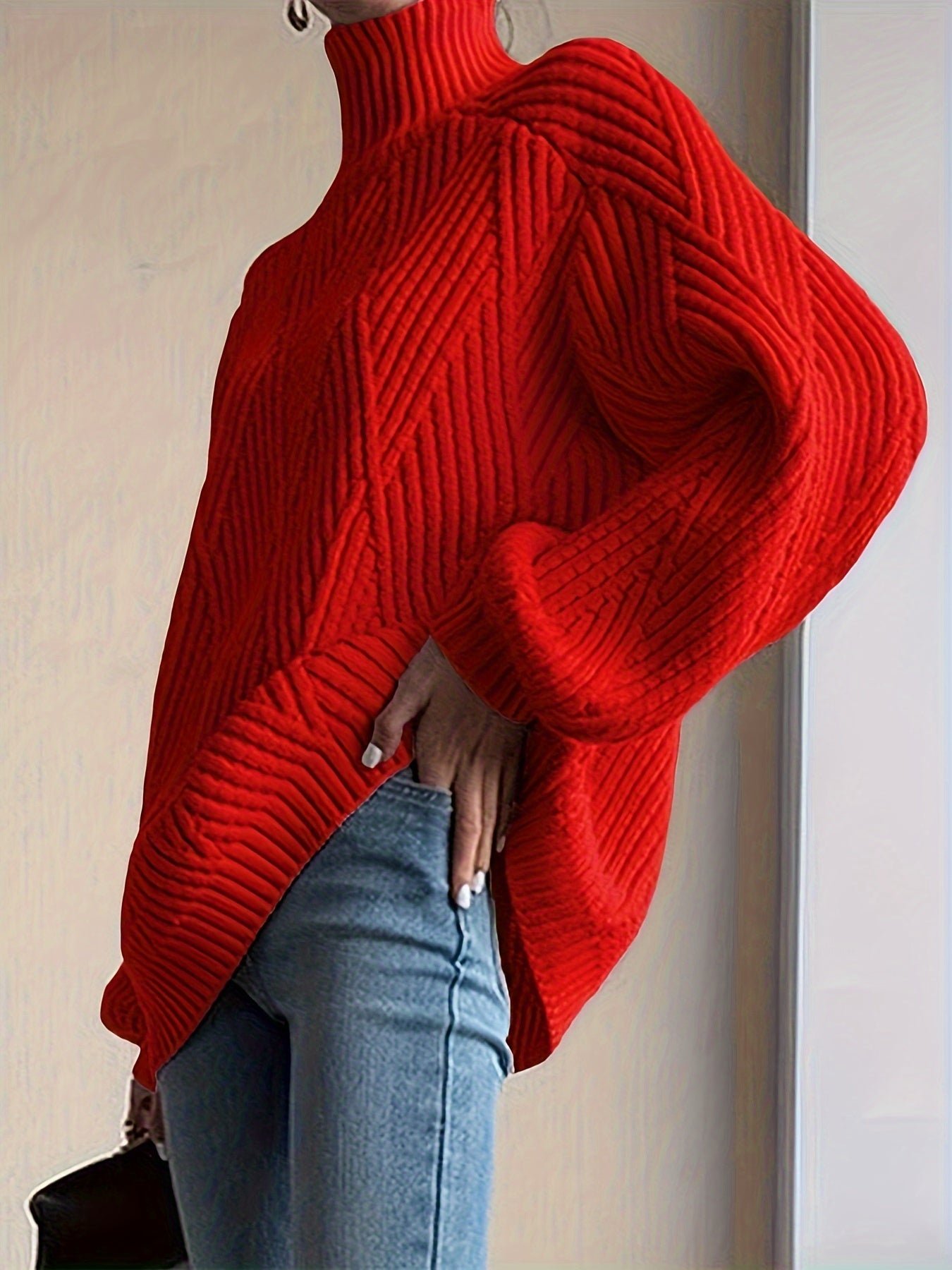 Solid High Neck Knit Sweater, Casual Long Sleeve Pullover Sweater For Fall & Winter, Women's Clothing