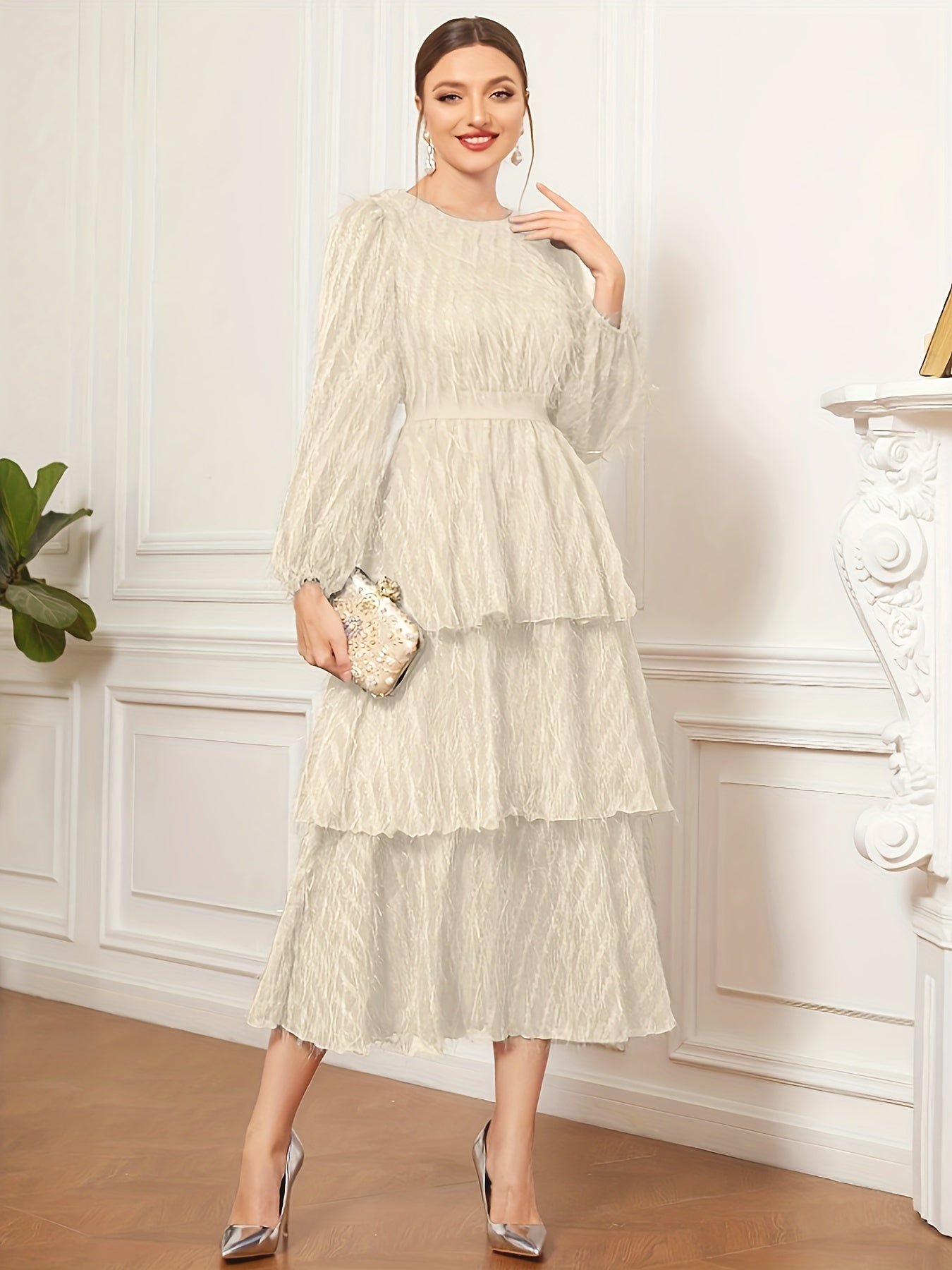 Raw Trim Waist Layer Ruffle Dress, Elegant Puff Long Sleeve Crew Neck Dress, Women's Clothing Wedding graduation engagement occasion ceremony party holiday vacation birthday