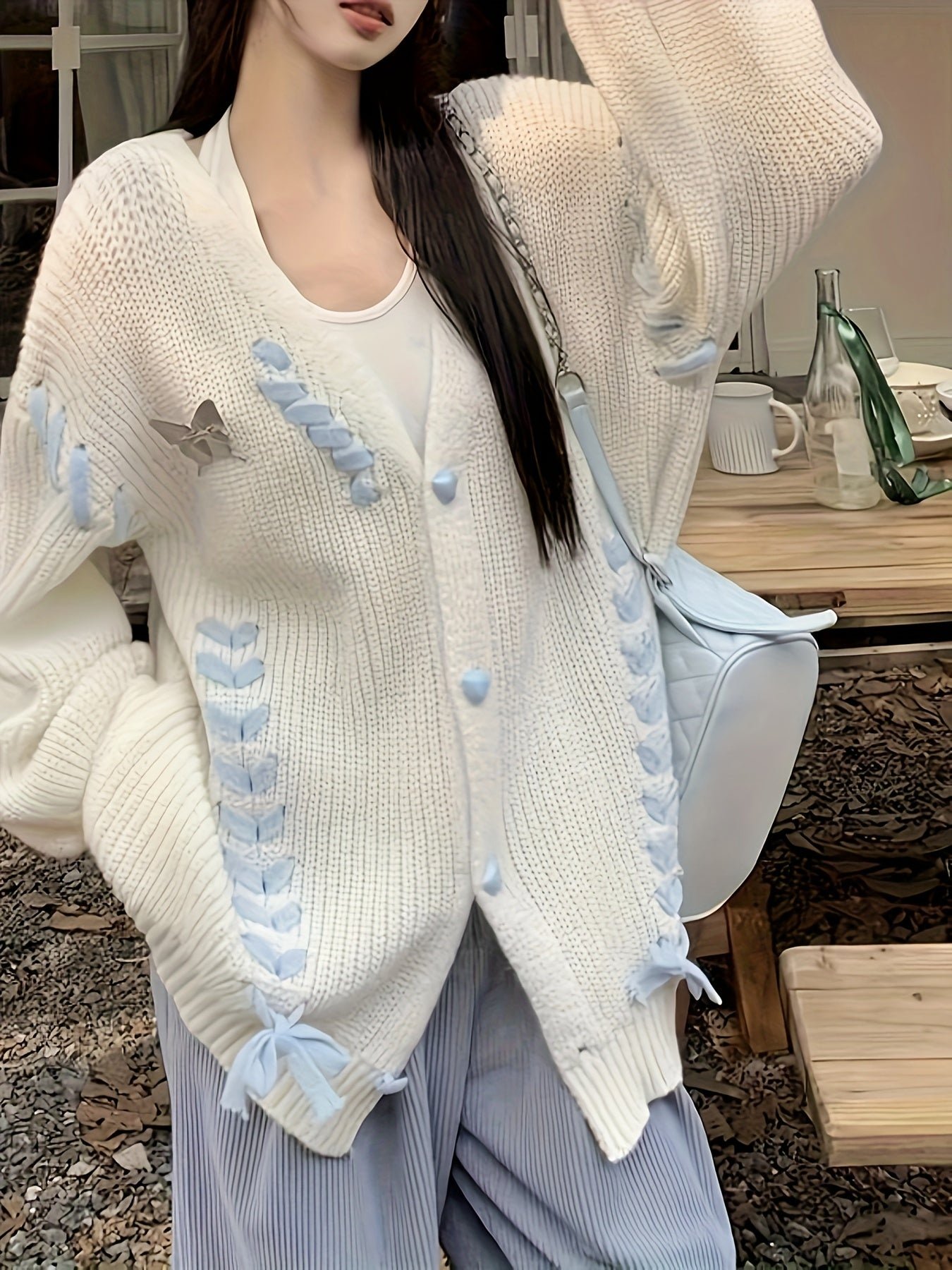 Lace Up Button Down Knit Cardigan, Casual Long Sleeve Loose Sweater, Women's Clothing