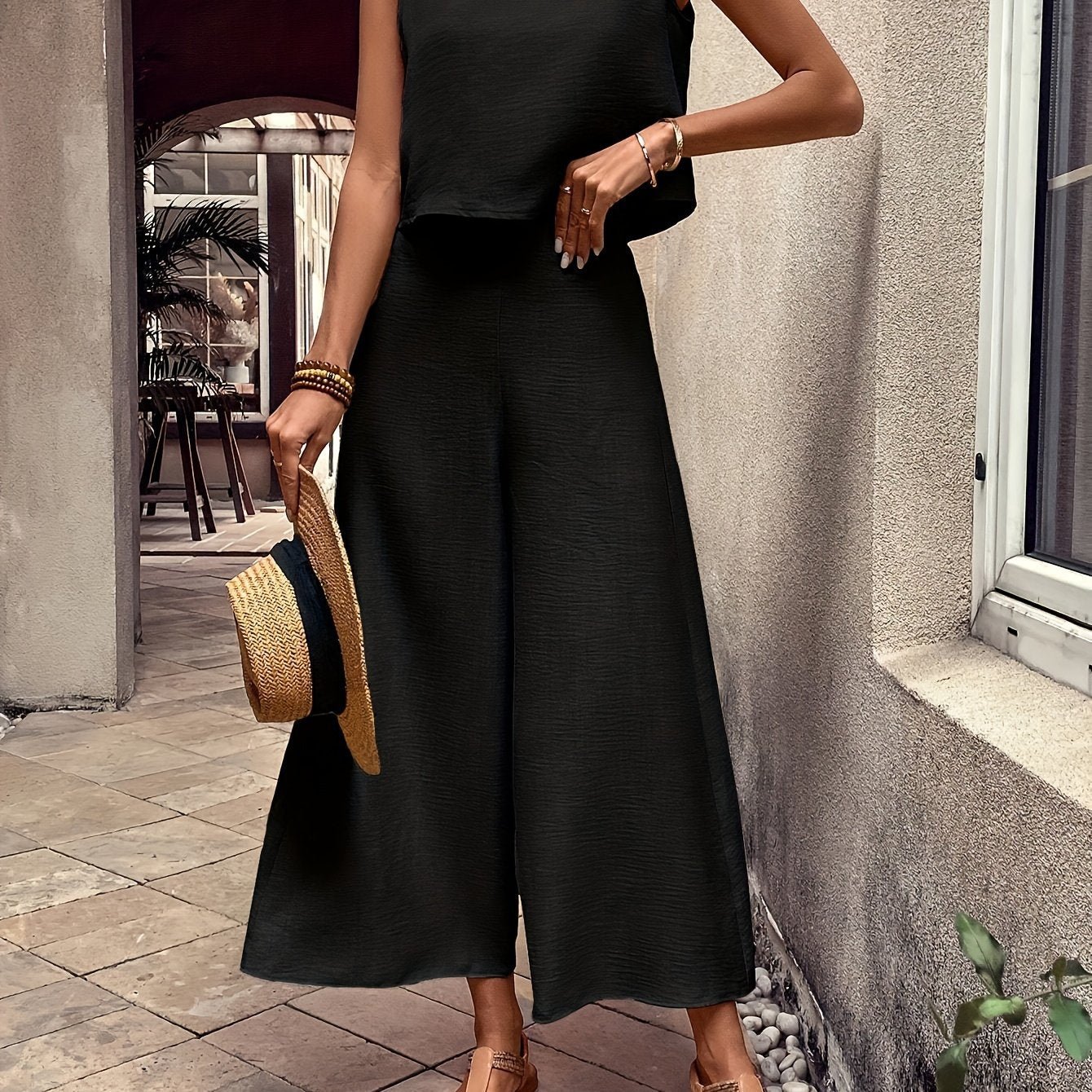 Elegant Solid Color Pantsuits Set, Crew Neck Tank Top & Wide Leg Pants Outfits, Women's Clothing
