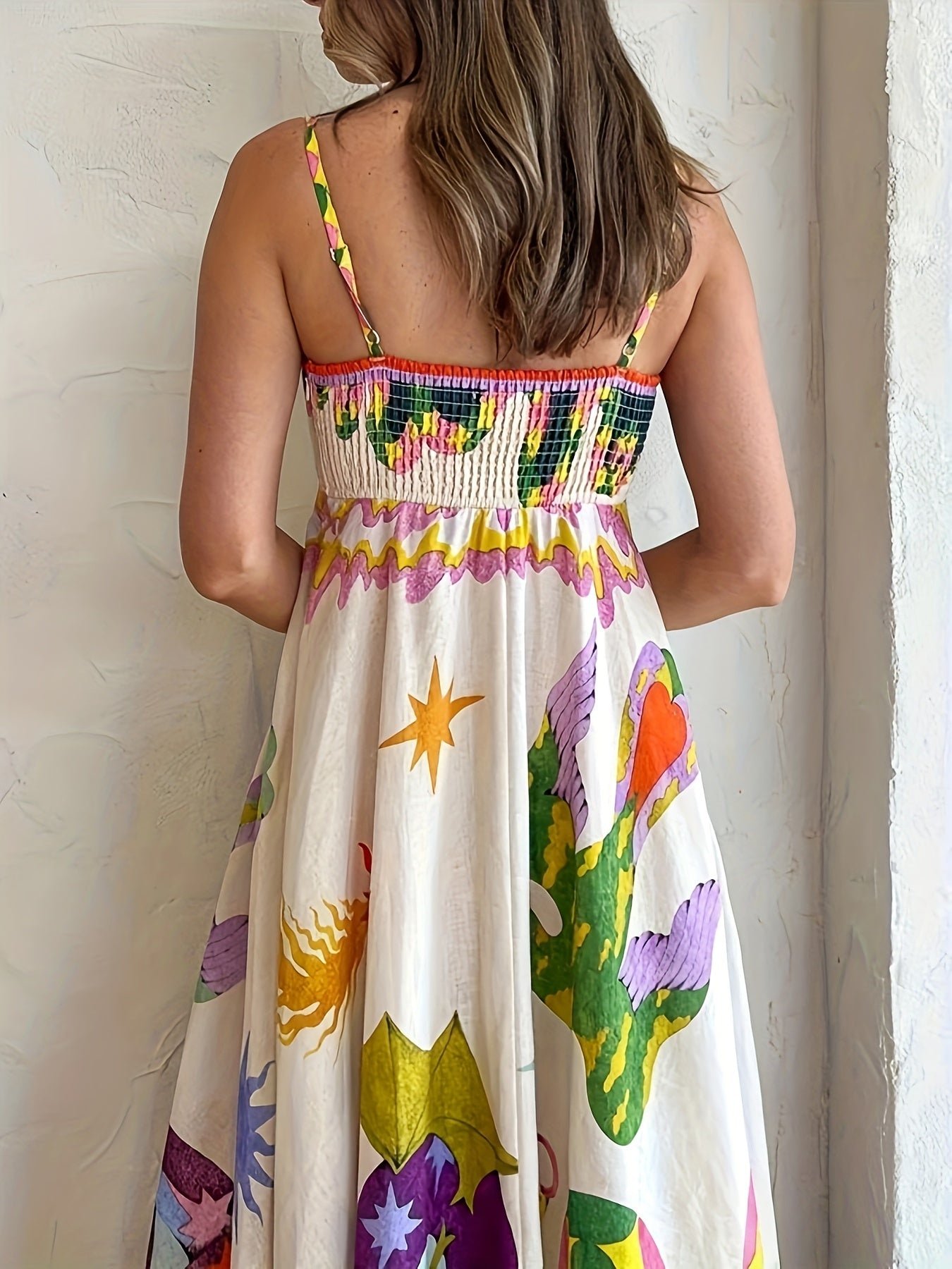 Cartoon Drawstring Print Shirred Cami Dress, Elegant Sleeveless Spaghetti Strap Dress, Women's Clothing