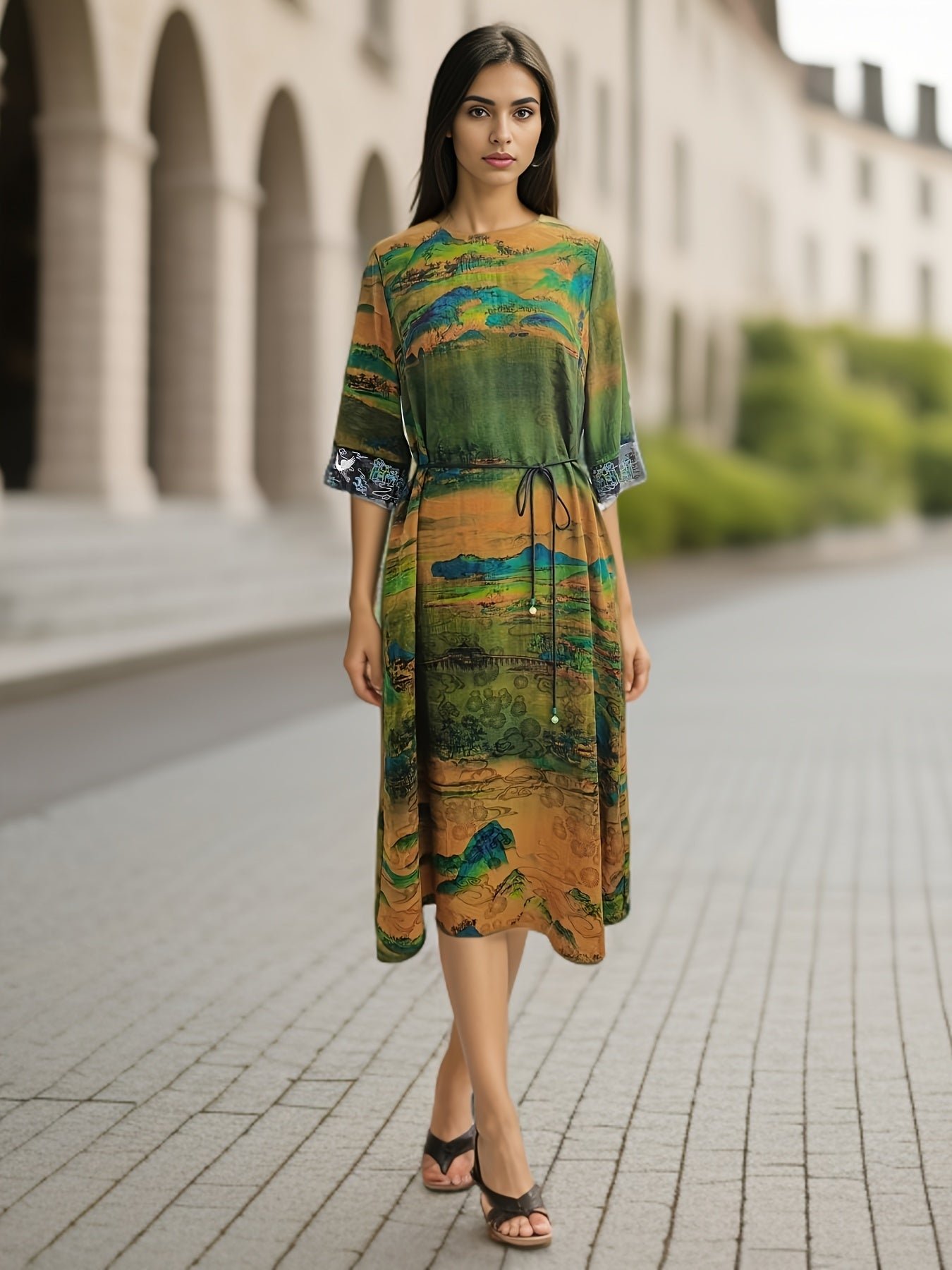 Graphic Print Tie Waist Dress, Vintage Half Sleeve Dress For Spring & Fall, Women's Clothing