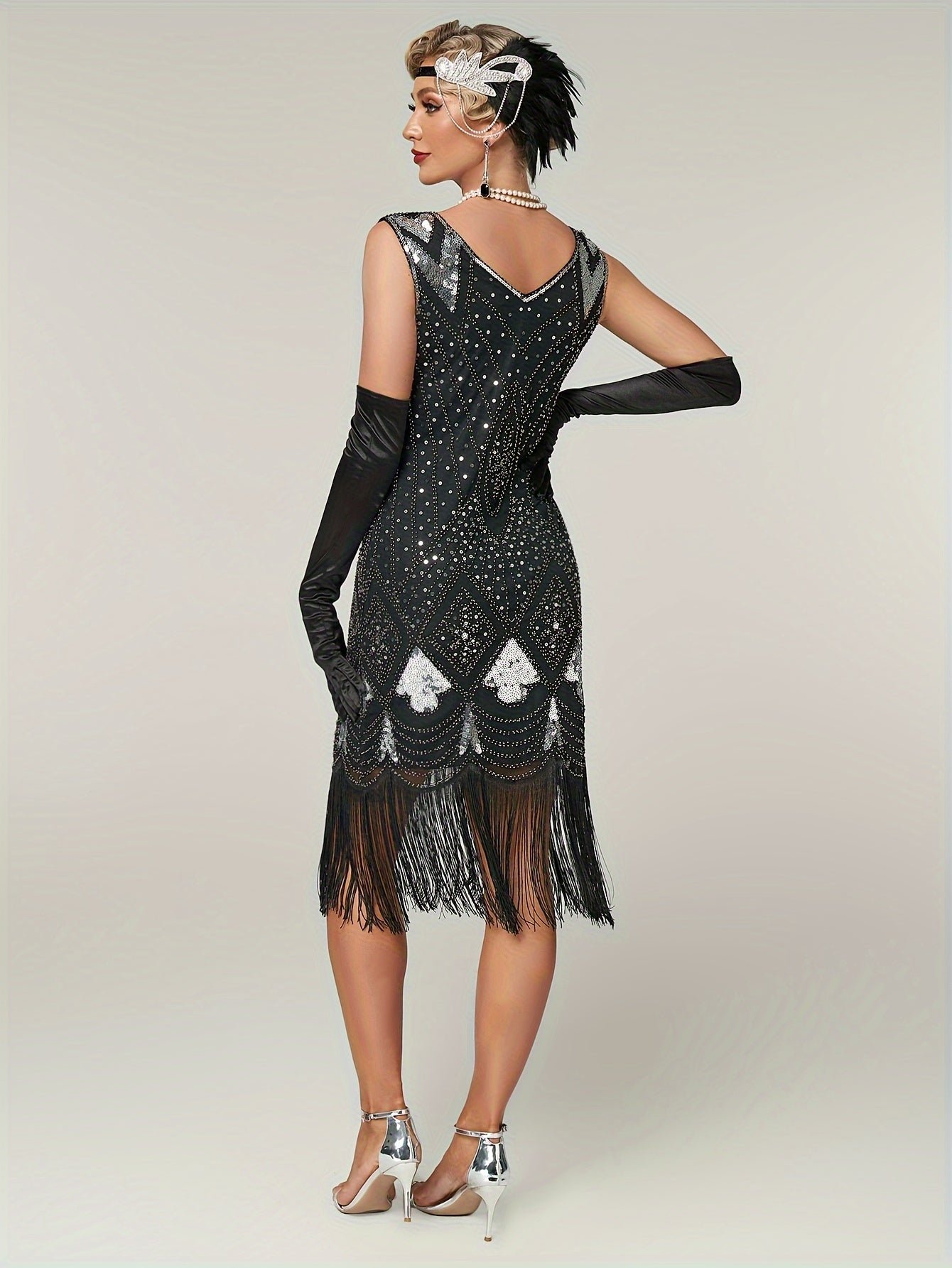 Sparkling Sequin V Neck Dress, Elegant Sleeveless Sheath Fringe Hem Dance Dress For Party & Club, Women's Clothing